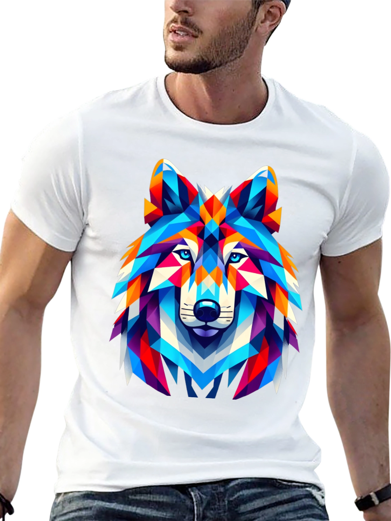 Black Geometric Wolf Head Graphic T-Shirt - Black view 13