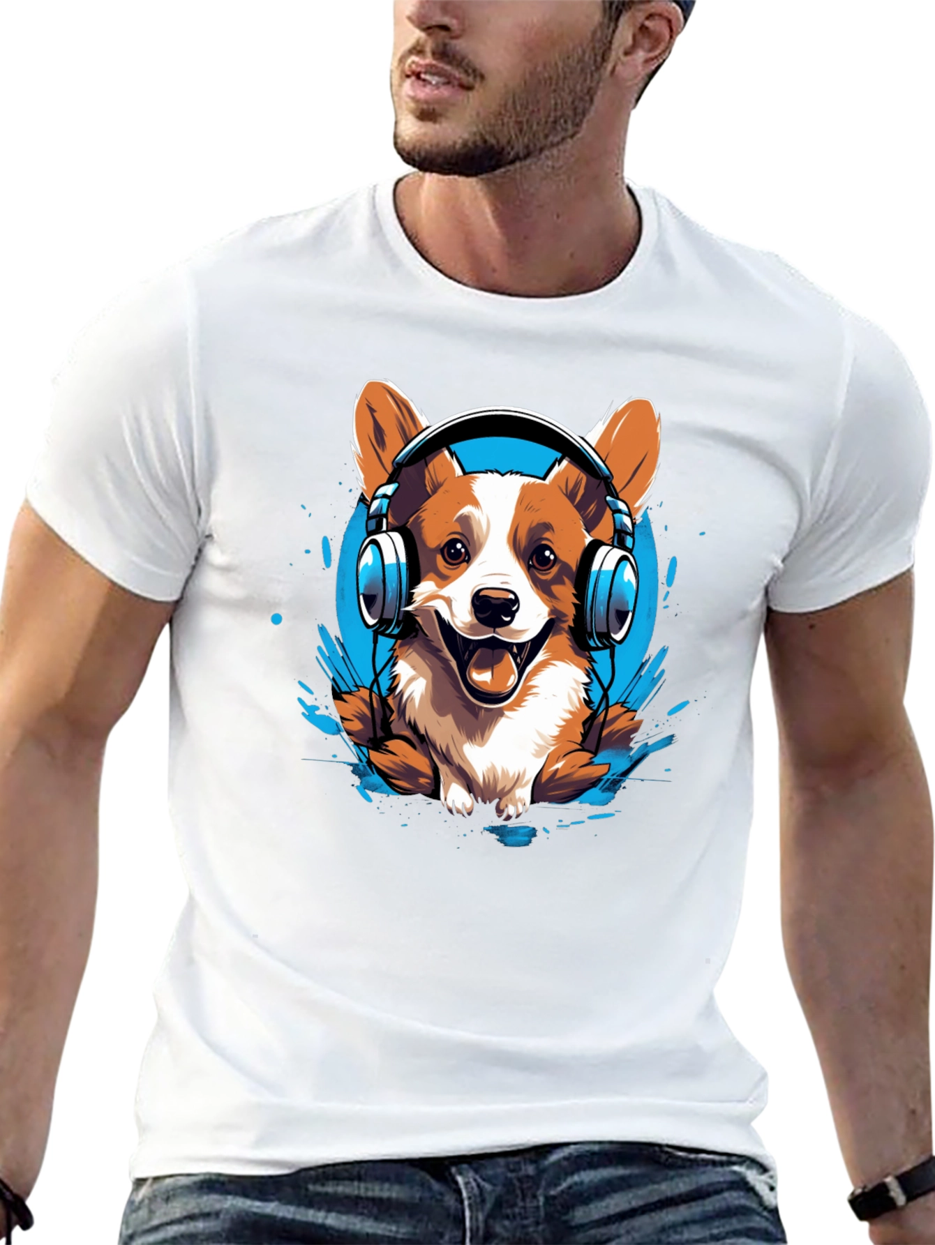 Black Corgi Headphones Graphic Tee view 13