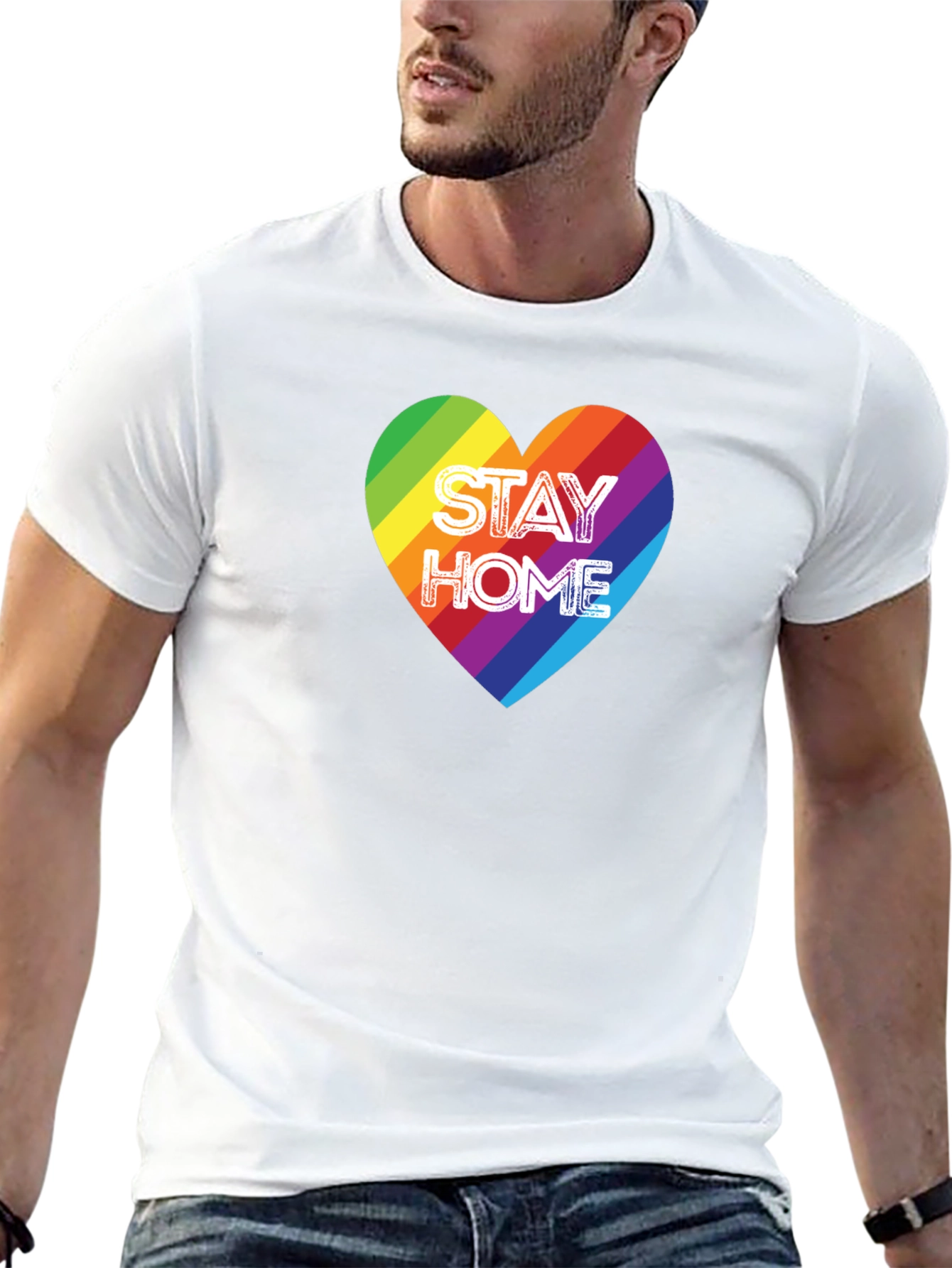 Black Stay Home Rainbow Heart Graphic Tee - Black Cotton T-Shirt view 13