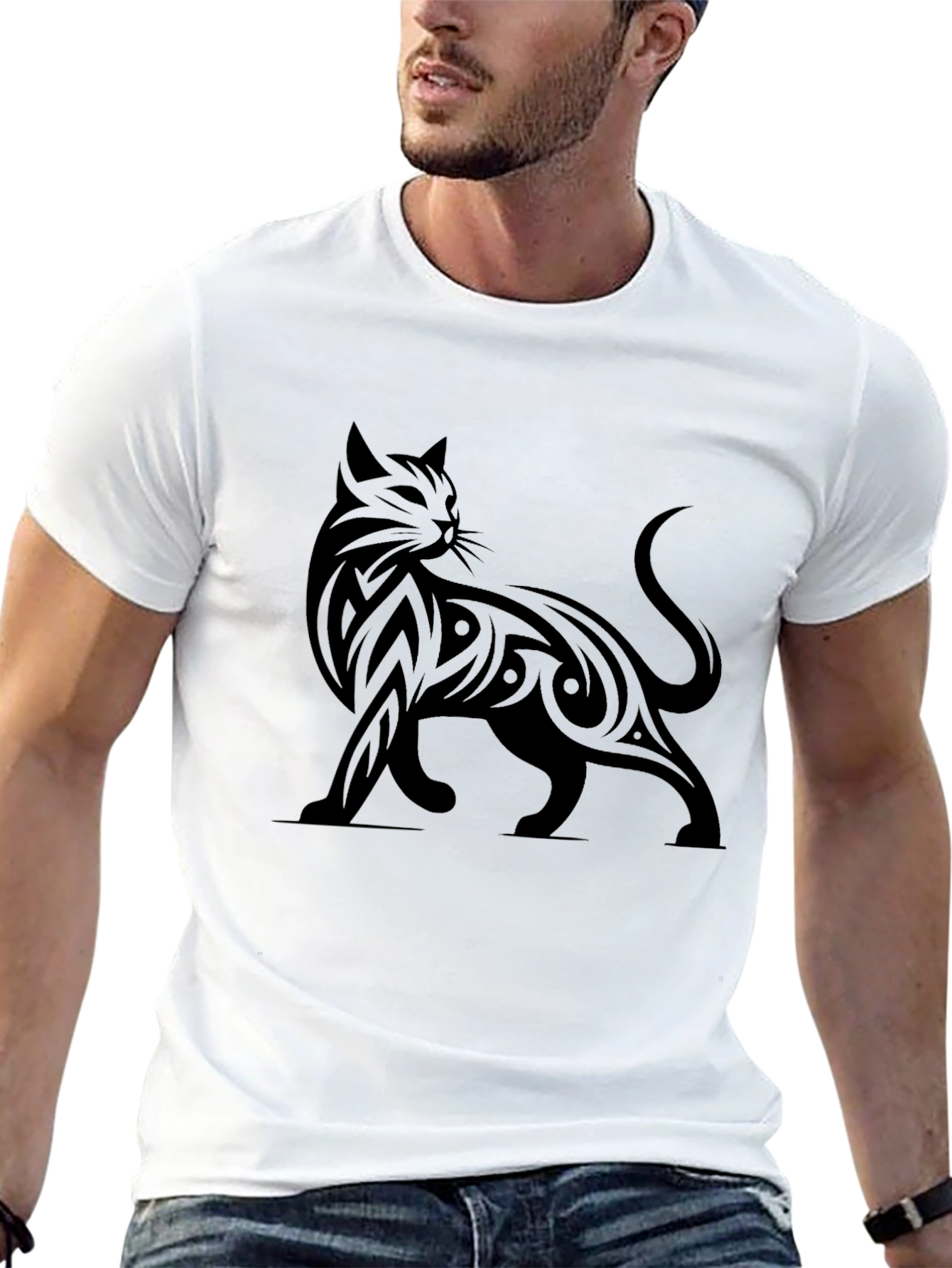 Black Tribal Cat Graphic Print T-Shirt view 13