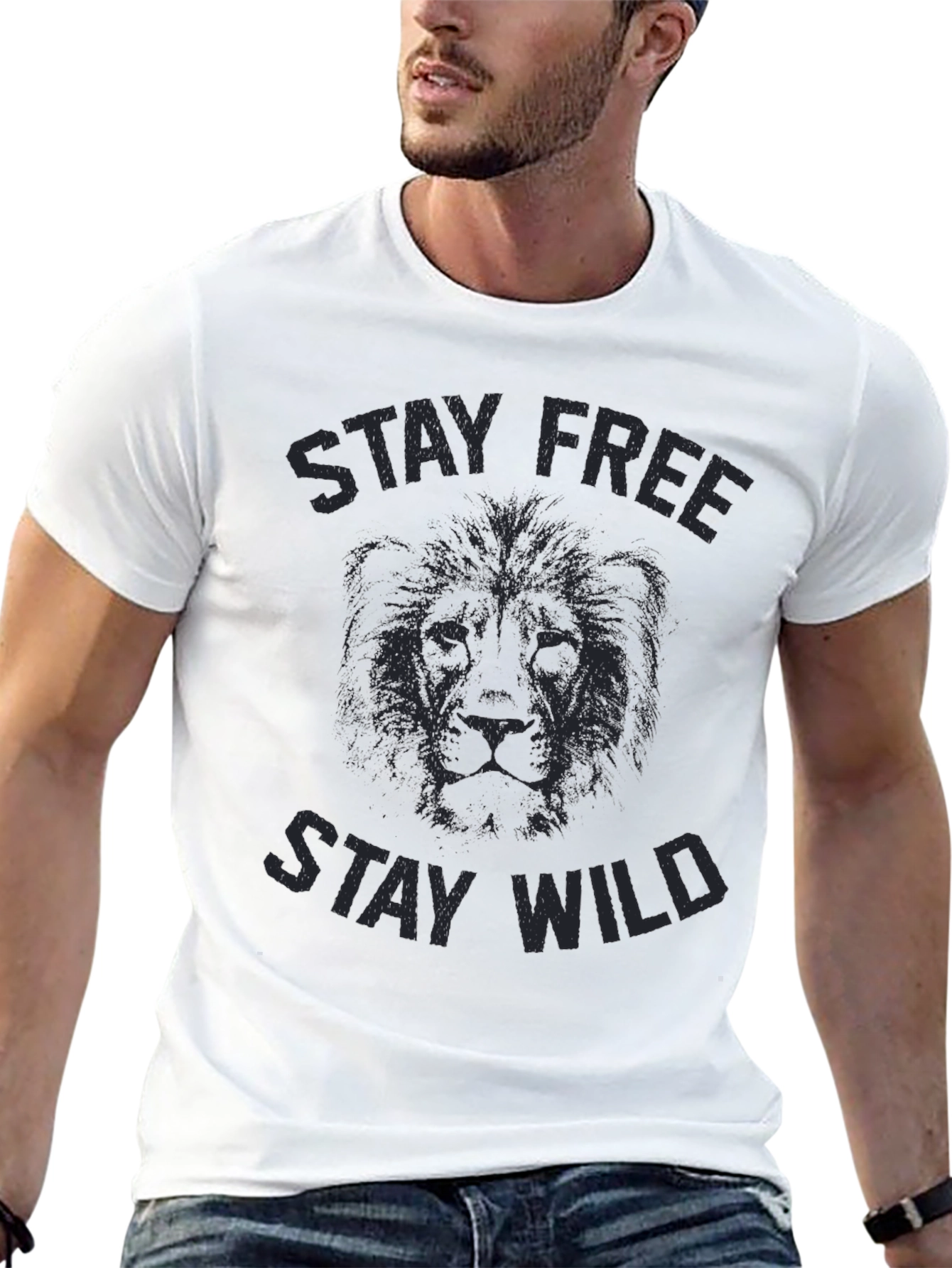 Black Stay Free Stay Wild Graphic Tee - Black Cotton Lion Print view 13