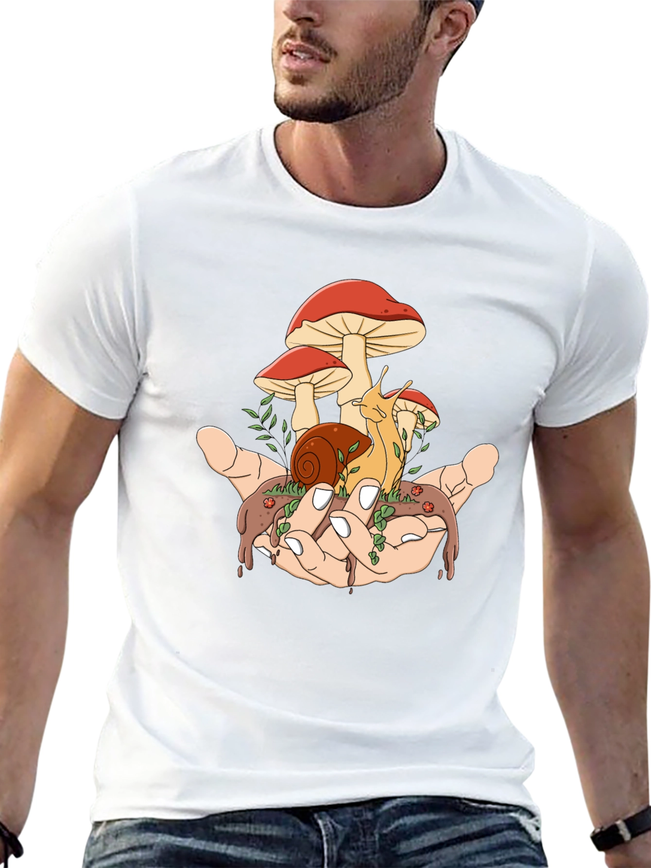 Black Mushroom Snail Hand Graphic T-Shirt view 13
