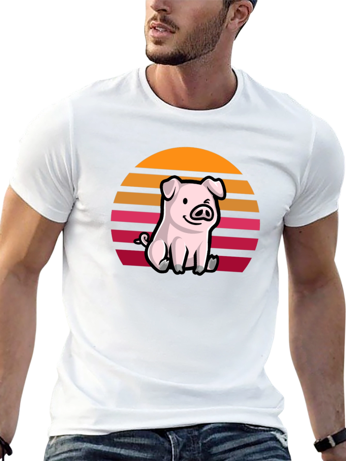 Black Cute Pig Sunset Graphic T-Shirt view 13