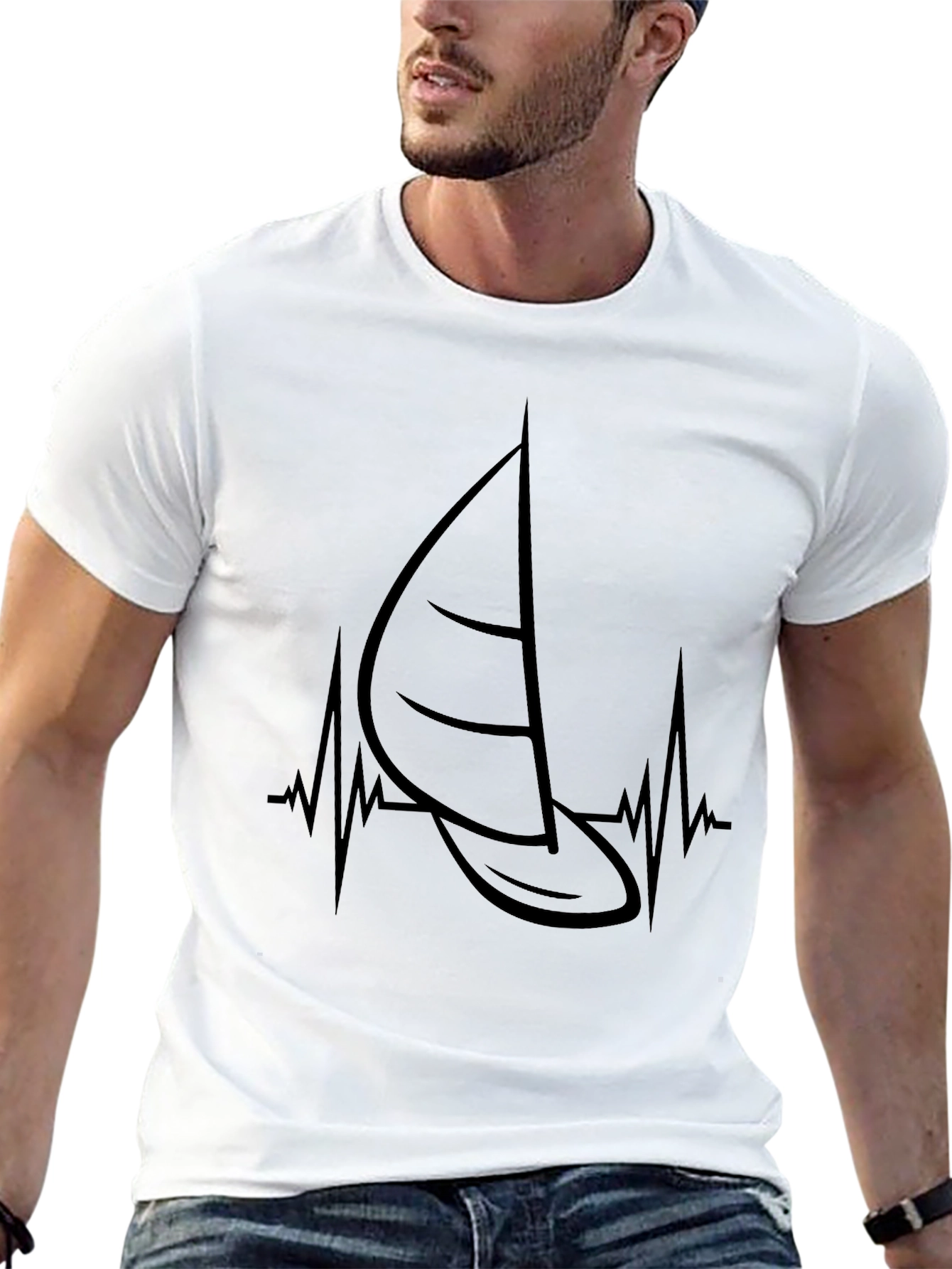 Black Sailboat Heartbeat Graphic Tee - Black Cotton T-Shirt view 13