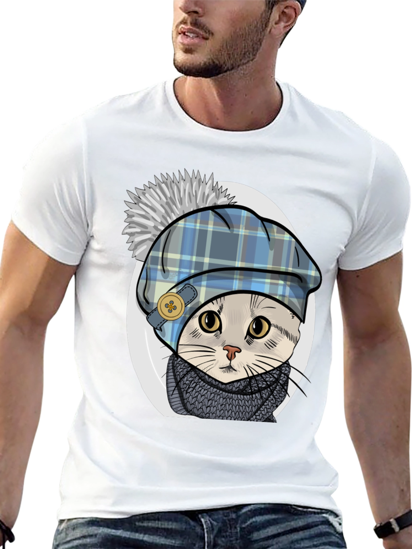 Black Cat in Tartan Hat T-Shirt - Whimsical Comfort view 13
