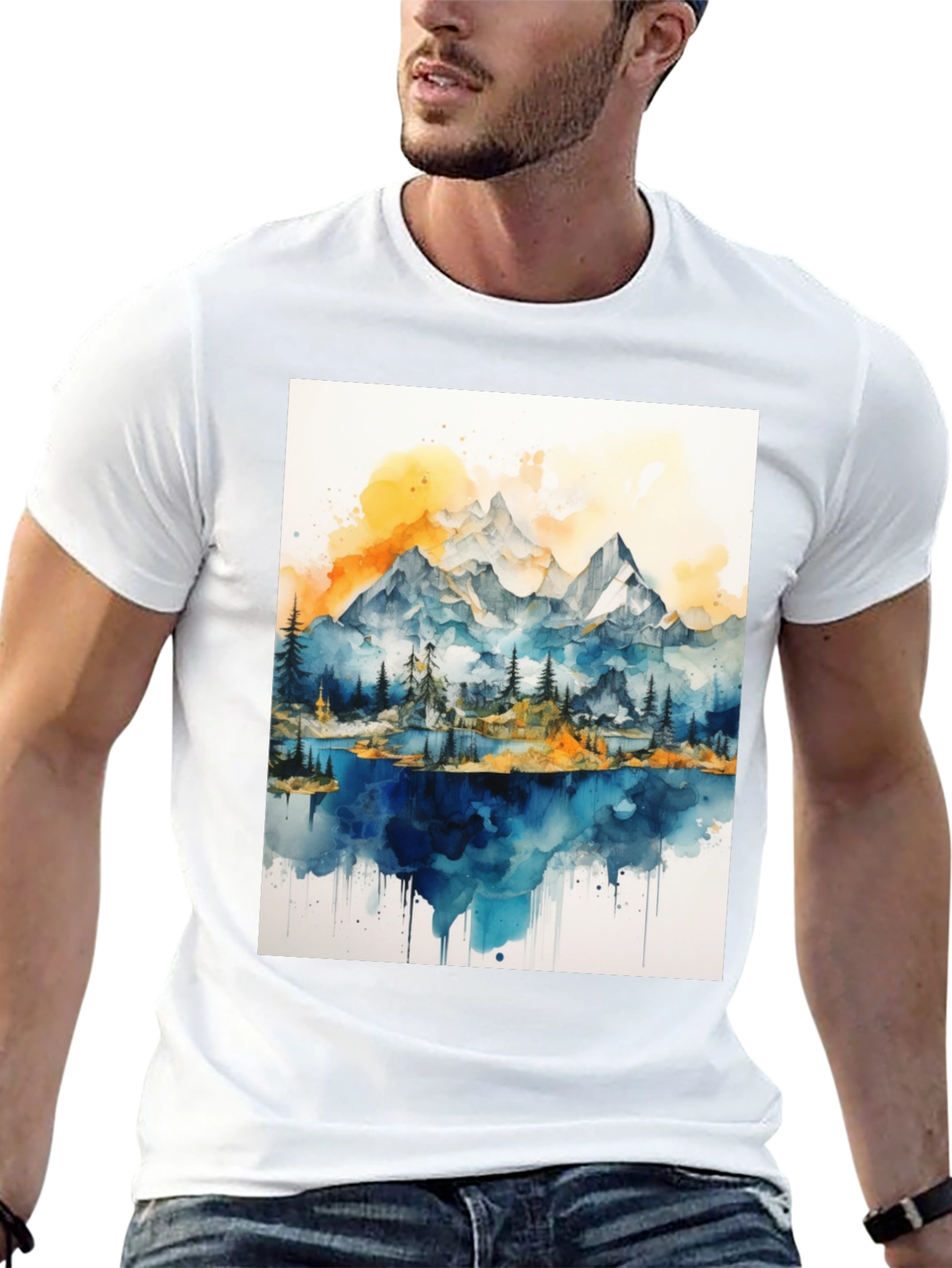 Black Watercolor Mountain Lake Graphic Tee view 13
