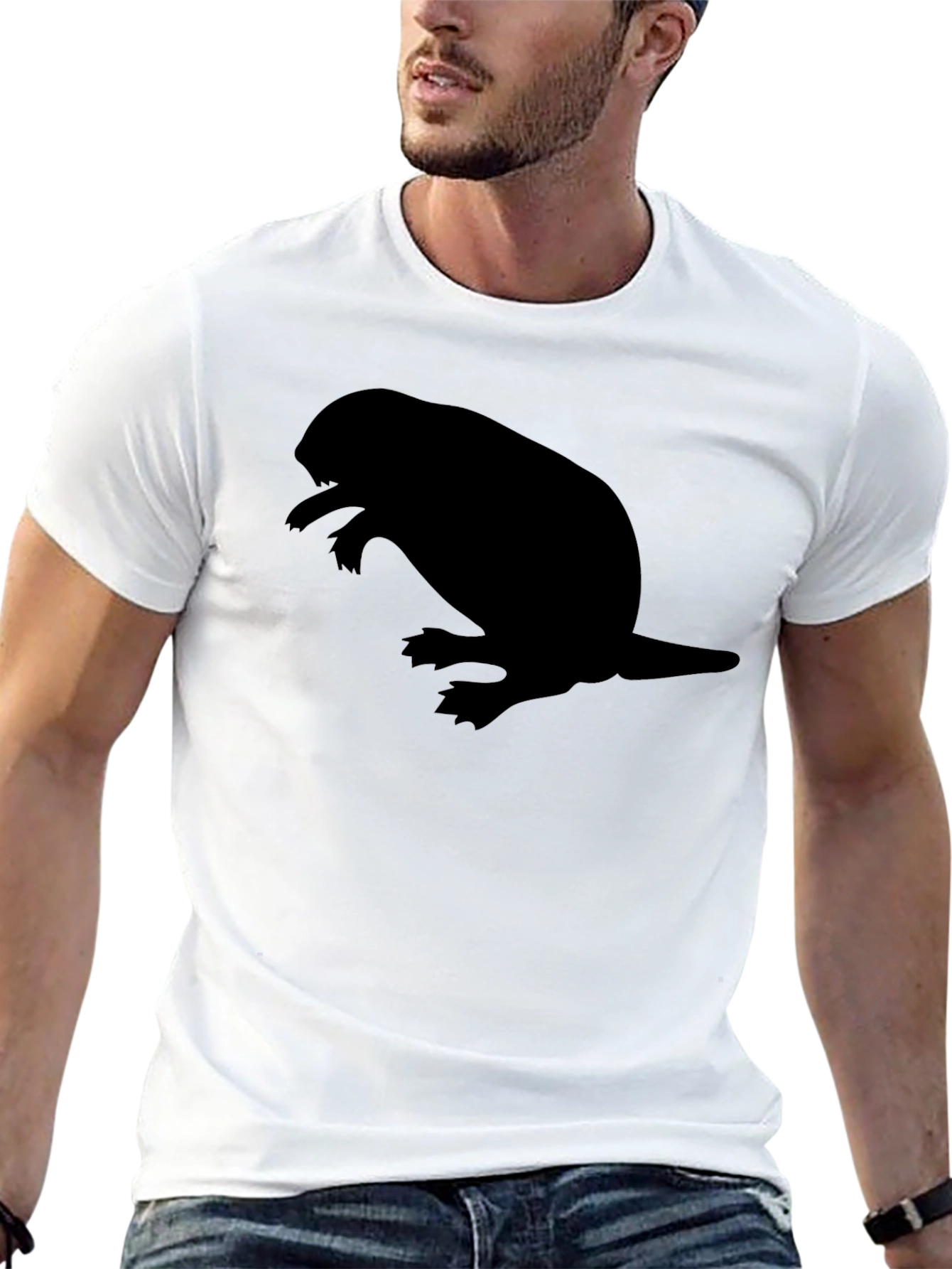 Black Men's Black T-shirt with Beaver Silhouette Graphic view 13