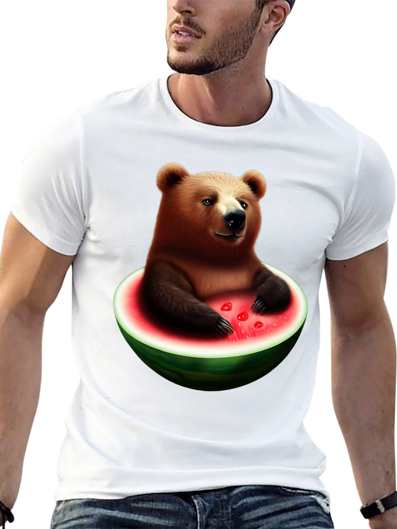 Black Bear in Watermelon Men's Black T-Shirt view 13