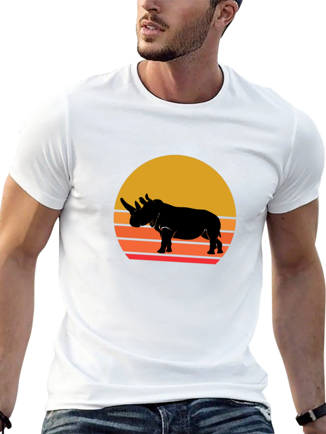 Black Retro Rhino Sunset T-Shirt view 13