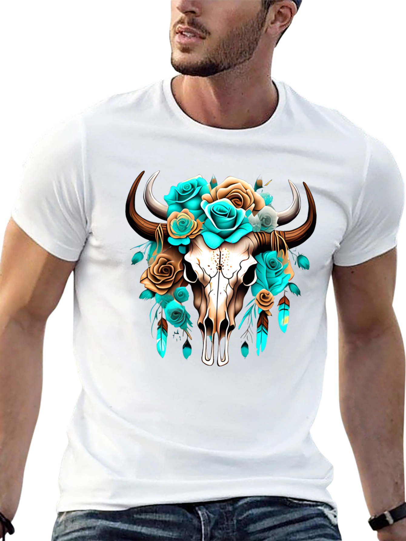 Black Floral Bull Skull Graphic Tee - Western Style view 13