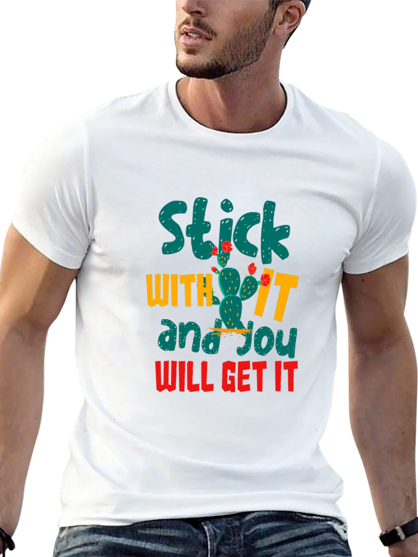 Black Motivational Cactus T-Shirt - Stick With It! view 13