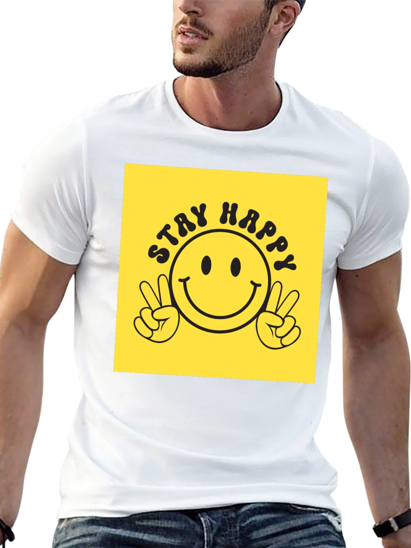 Black Stay Happy Graphic Tee - Retro Smiley Face T-Shirt view 13