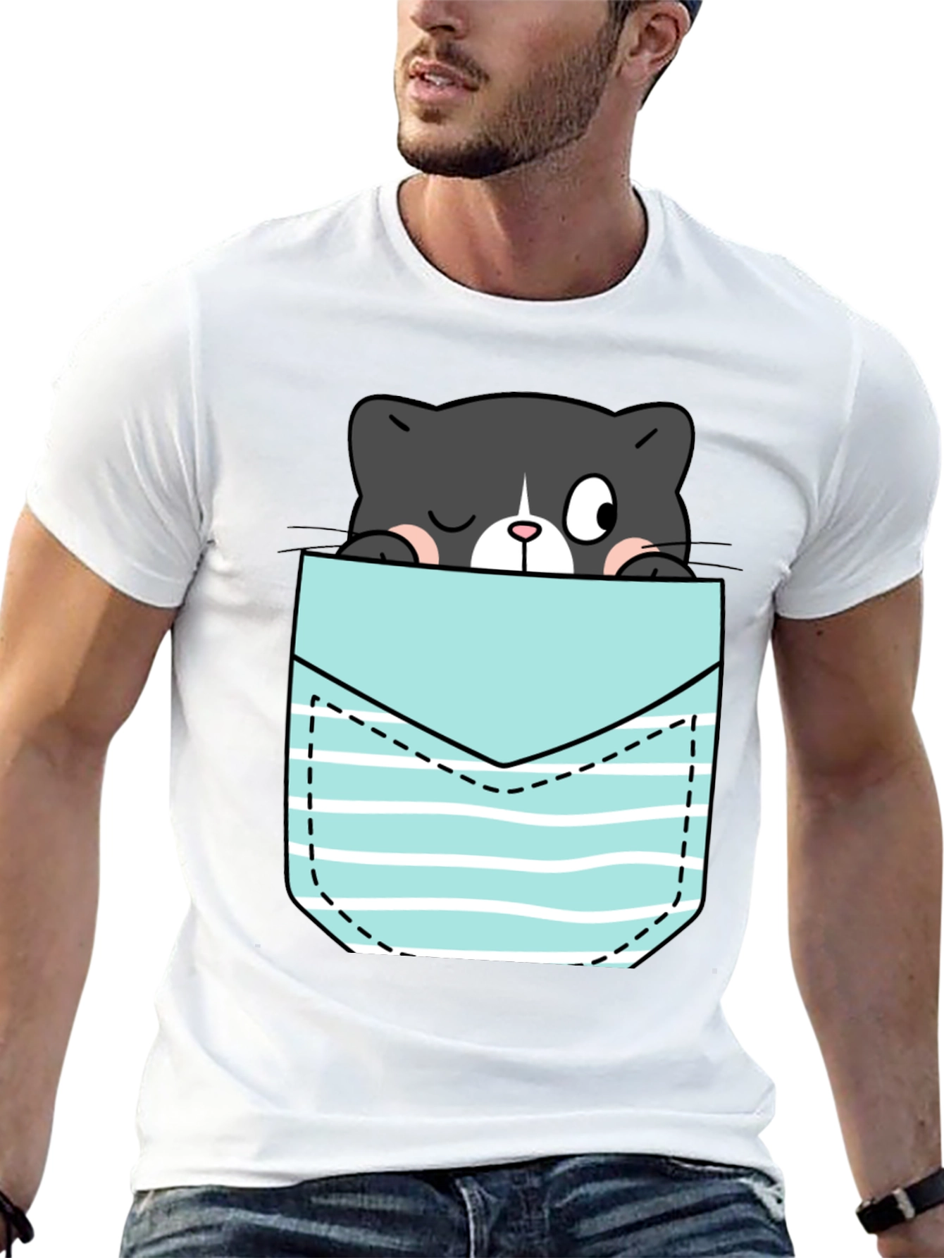 Black Black T-Shirt with Peek-a-Boo Cat Pocket Design view 13
