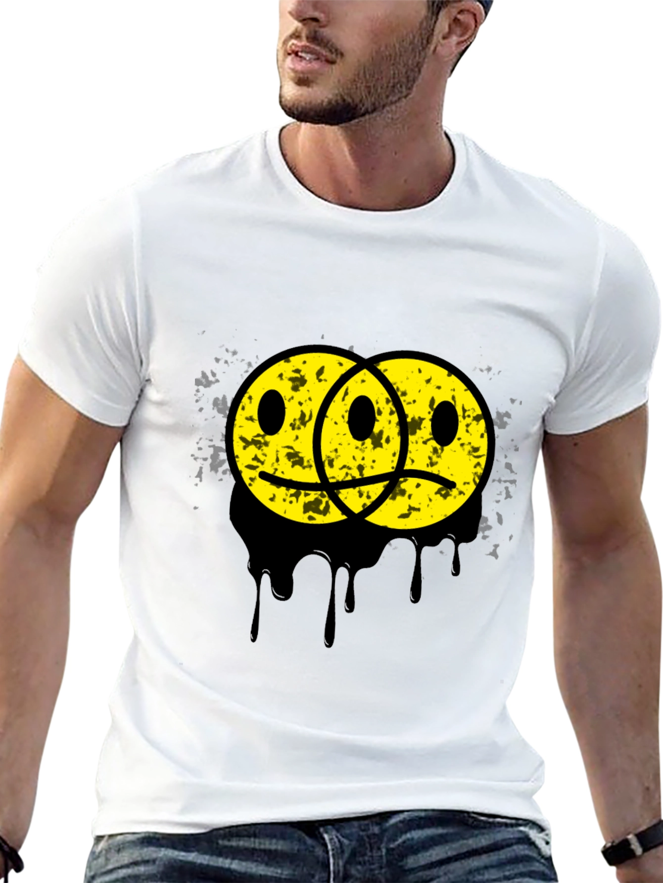 Black Sad Happy Face Graphic Tee - Unisex Black T-Shirt view 13