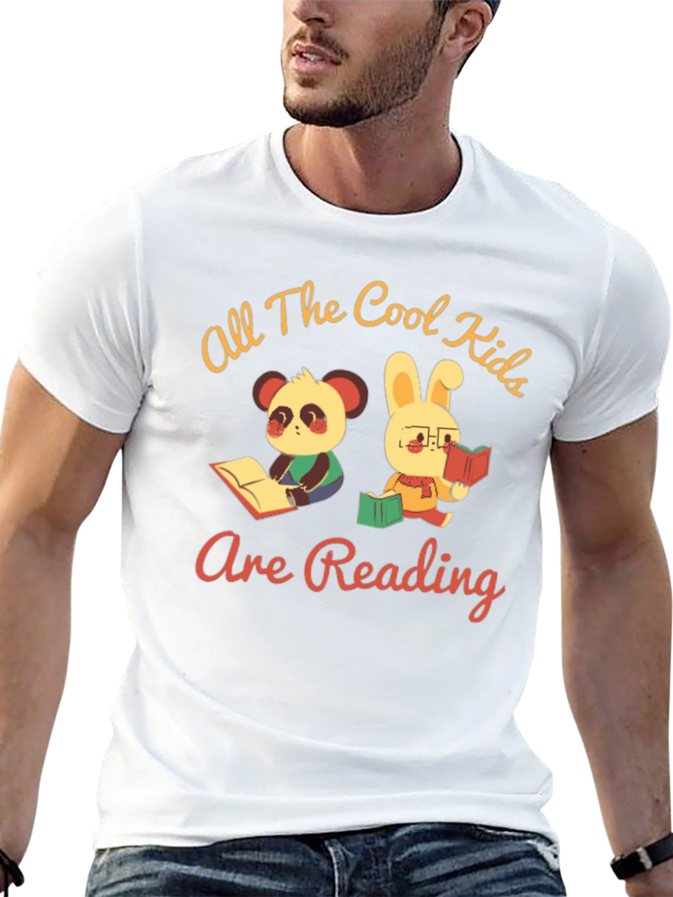 Black Cool Kids Reading T-Shirt: Panda & Bunny view 13