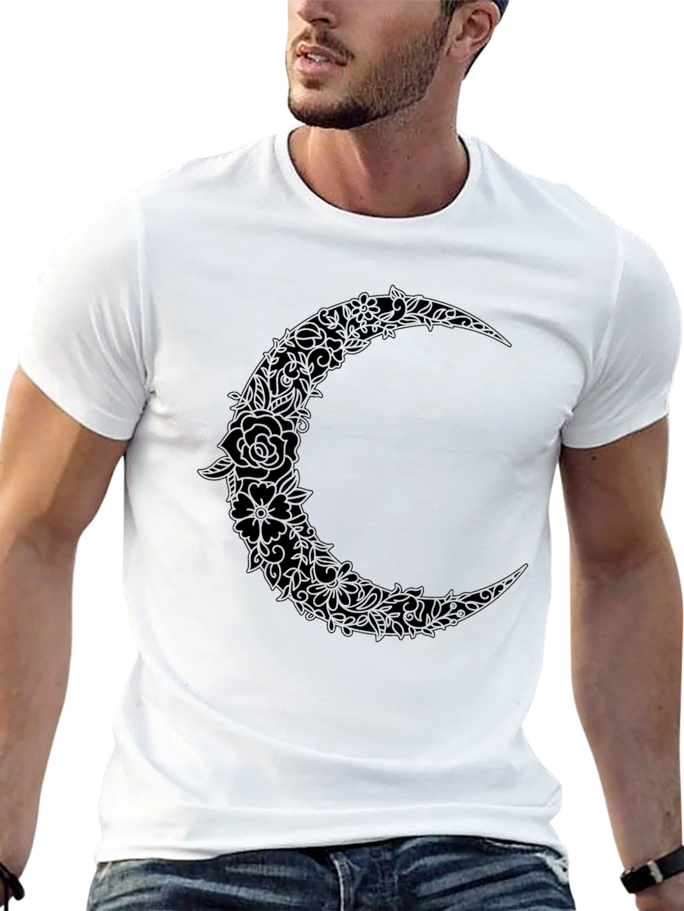 Black Floral Crescent Moon Graphic Black T-Shirt view 13