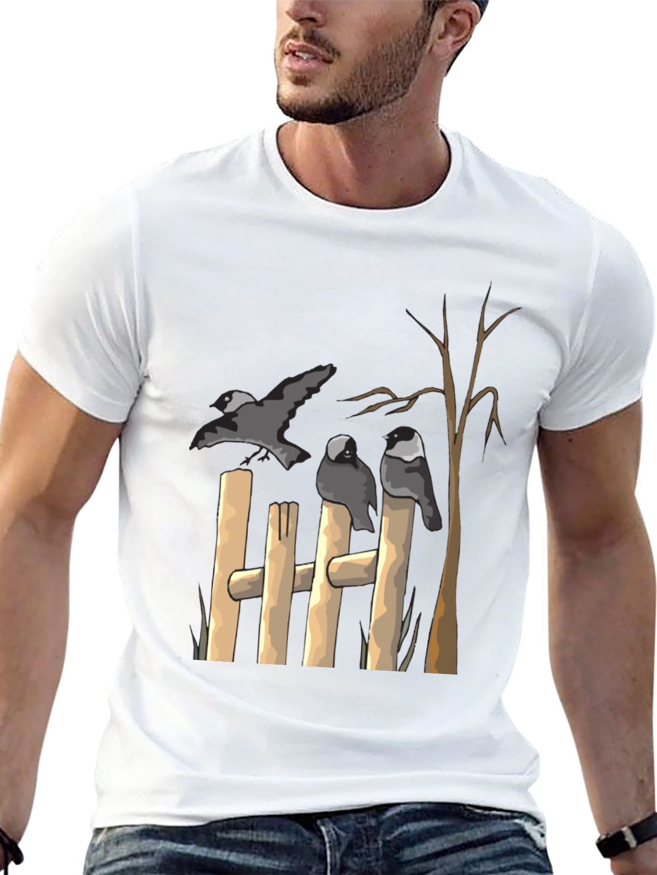 Black Birds on Fence Graphic Black T-Shirt view 13