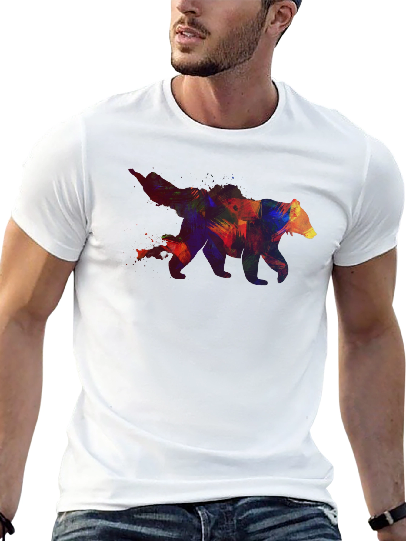 Black Colorful Bear Graphic Men's Black T-Shirt view 13