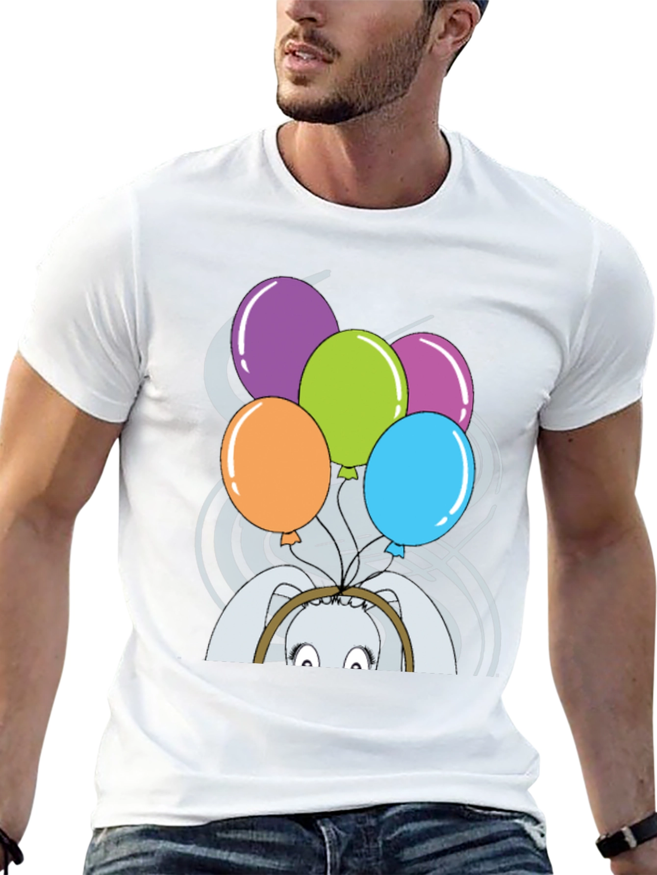 Black Funny Rabbit with Balloons T-Shirt view 13