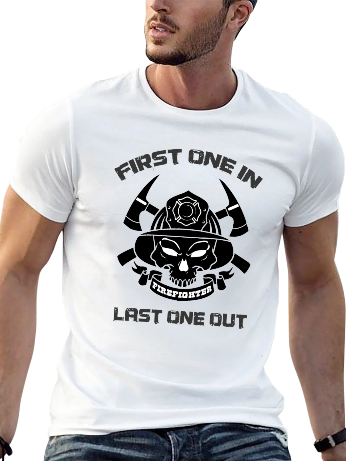 Black Firefighter Skull Graphic Tee - First In Last Out Black T-Shirt view 13
