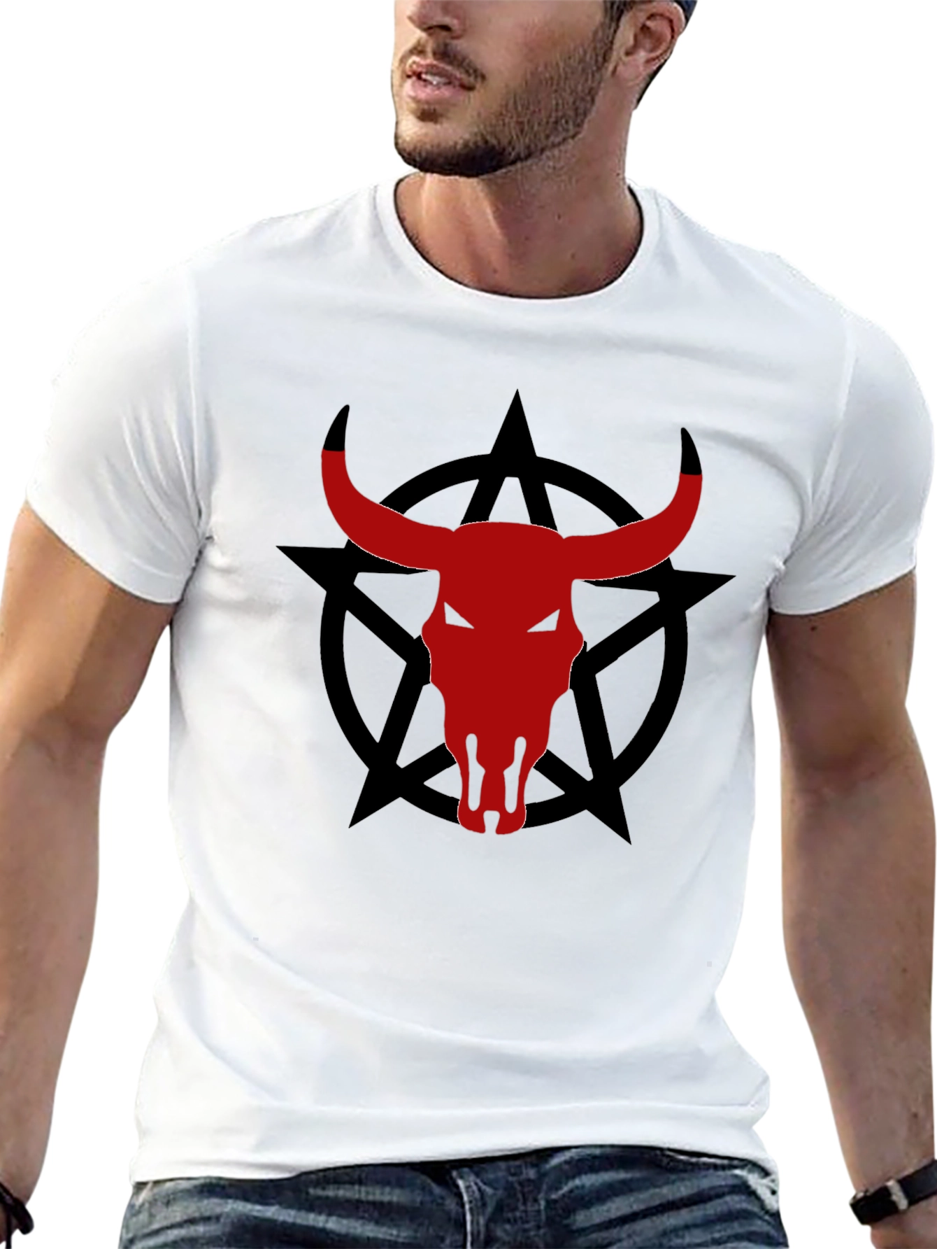 Black Bull Skull Pentagram Graphic Tee view 13