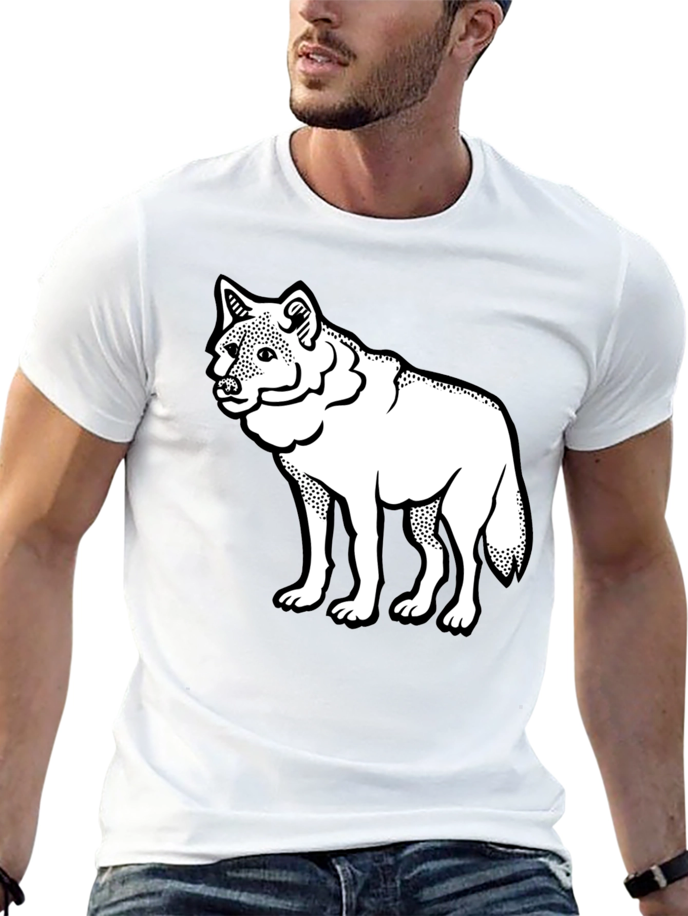Black Black T-Shirt with White Wolf Graphic Print view 13