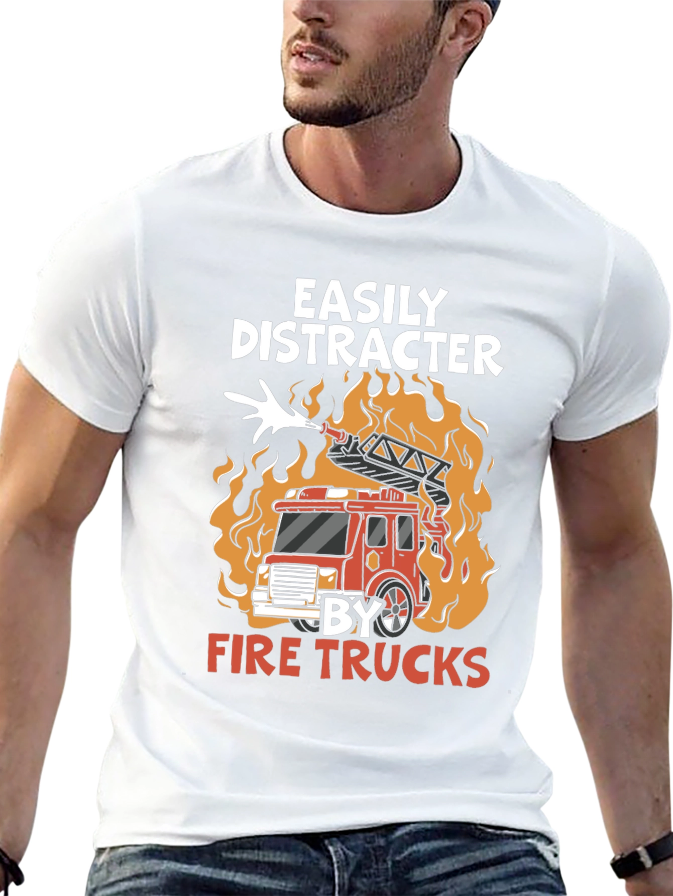 Black Easily Distracted By Fire Trucks T-Shirt view 13