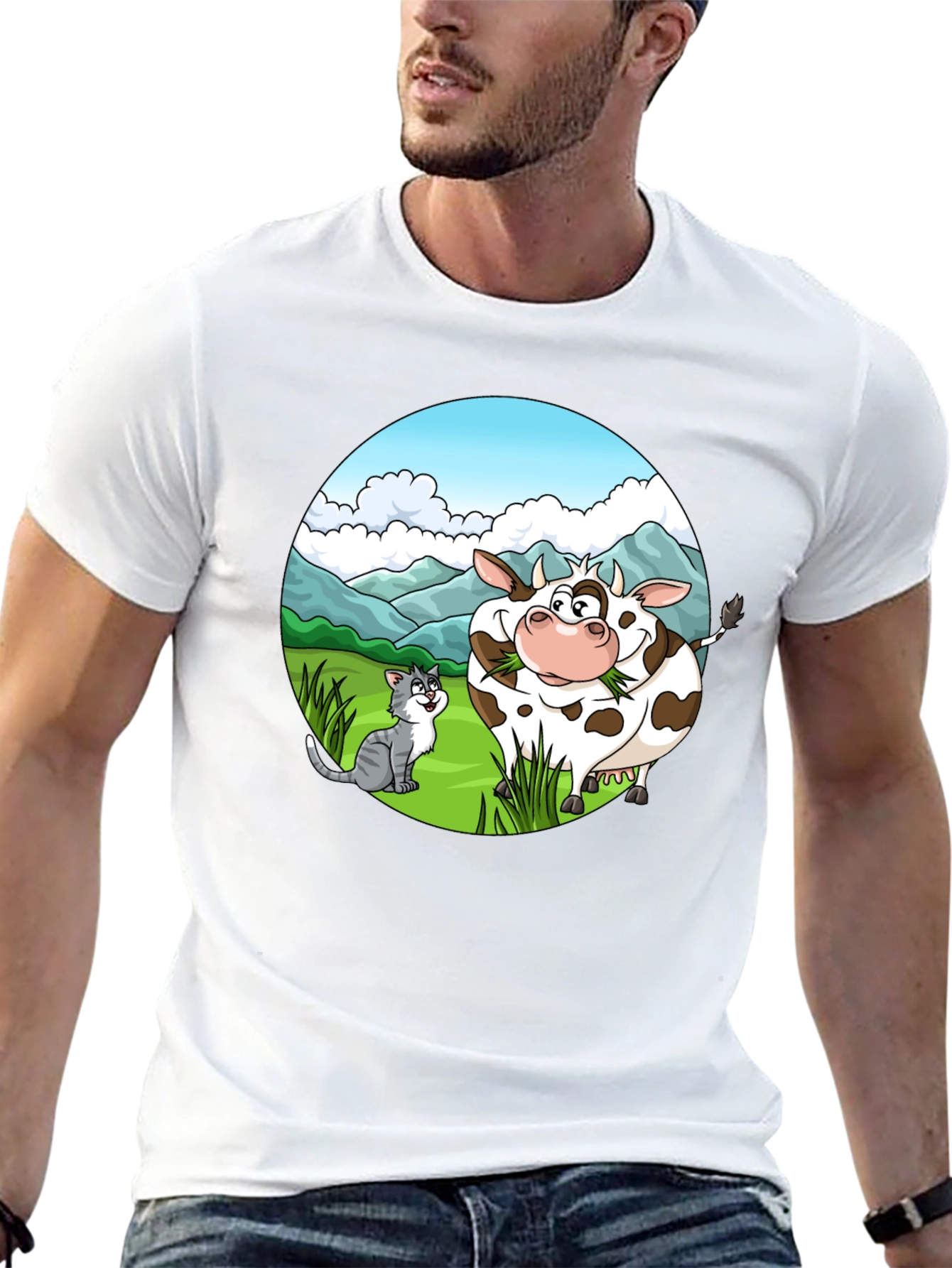 Black Cartoon Cow and Cat Graphic Black T-Shirt view 13