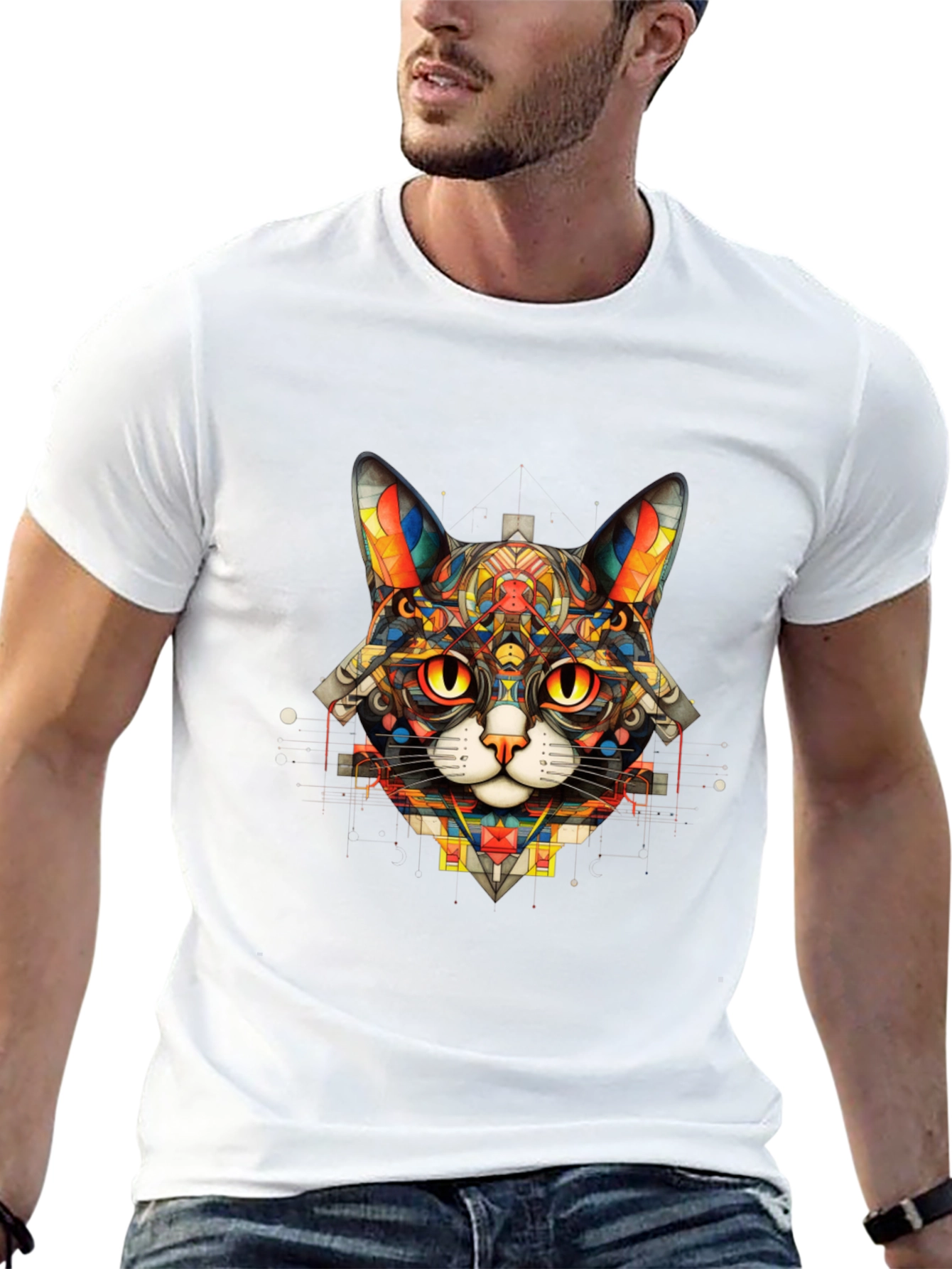 Black Geometric Cat T-Shirt - Unique Art Design view 13