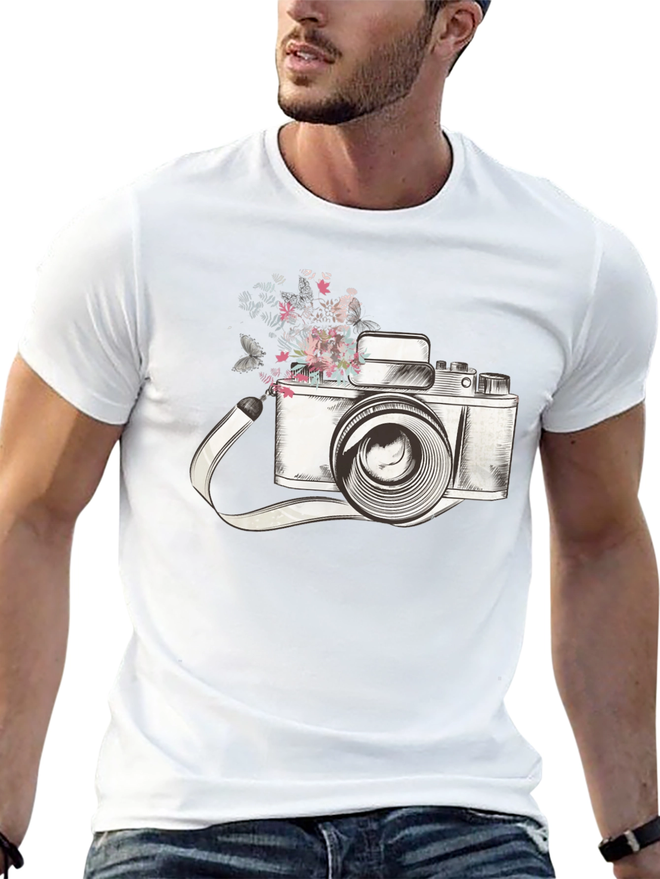 Black Floral Camera Graphic Tee - Trendy Unisex T-Shirt view 13