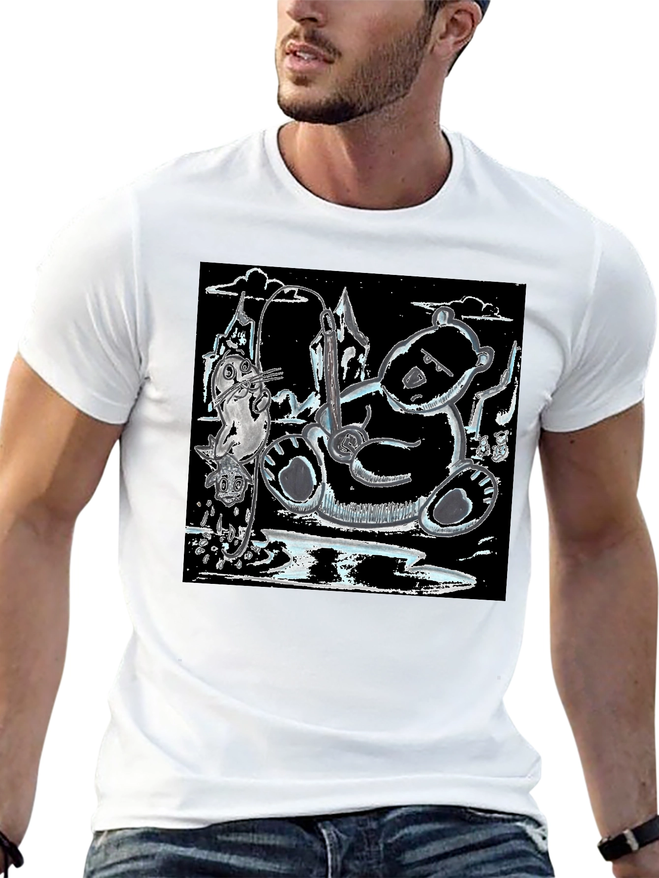 Black Unique Graphic Tee: Bear, Seal, and Musical Notes Art view 13