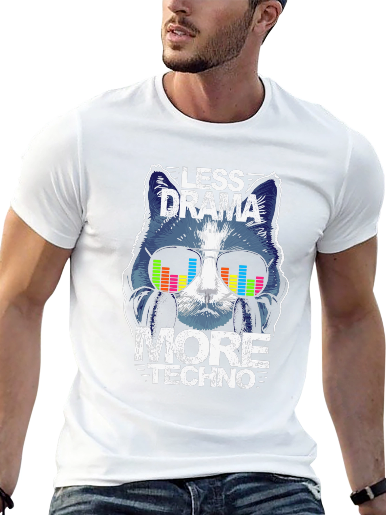 Black Less Drama More Techno Cat Graphic T-Shirt view 13