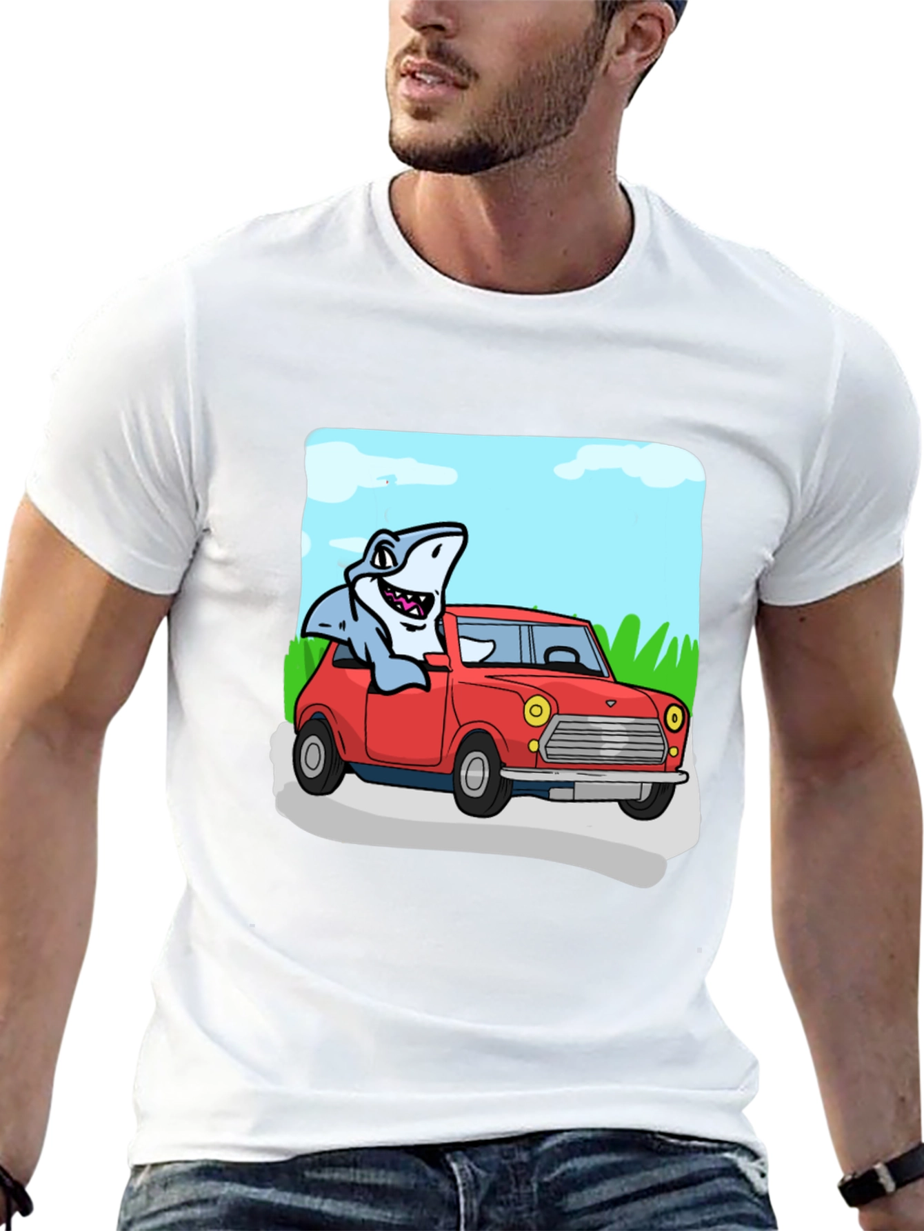 Black Shark in Car Graphic Tee - Unique Cartoon T-Shirt view 13