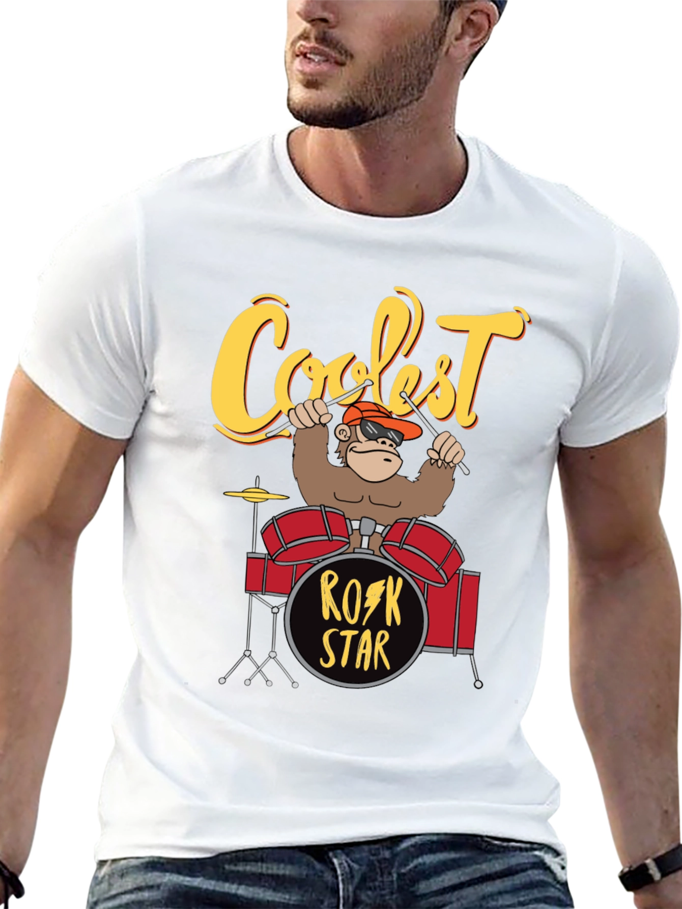 Black Coolest Rock Star Monkey Drummer T-Shirt view 13