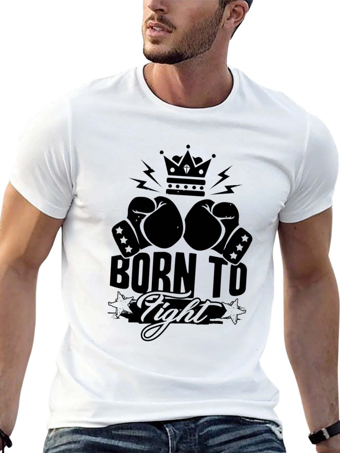 Black Born To Fight T-Shirt, Boxing Gloves Crown Graphic Tee view 13