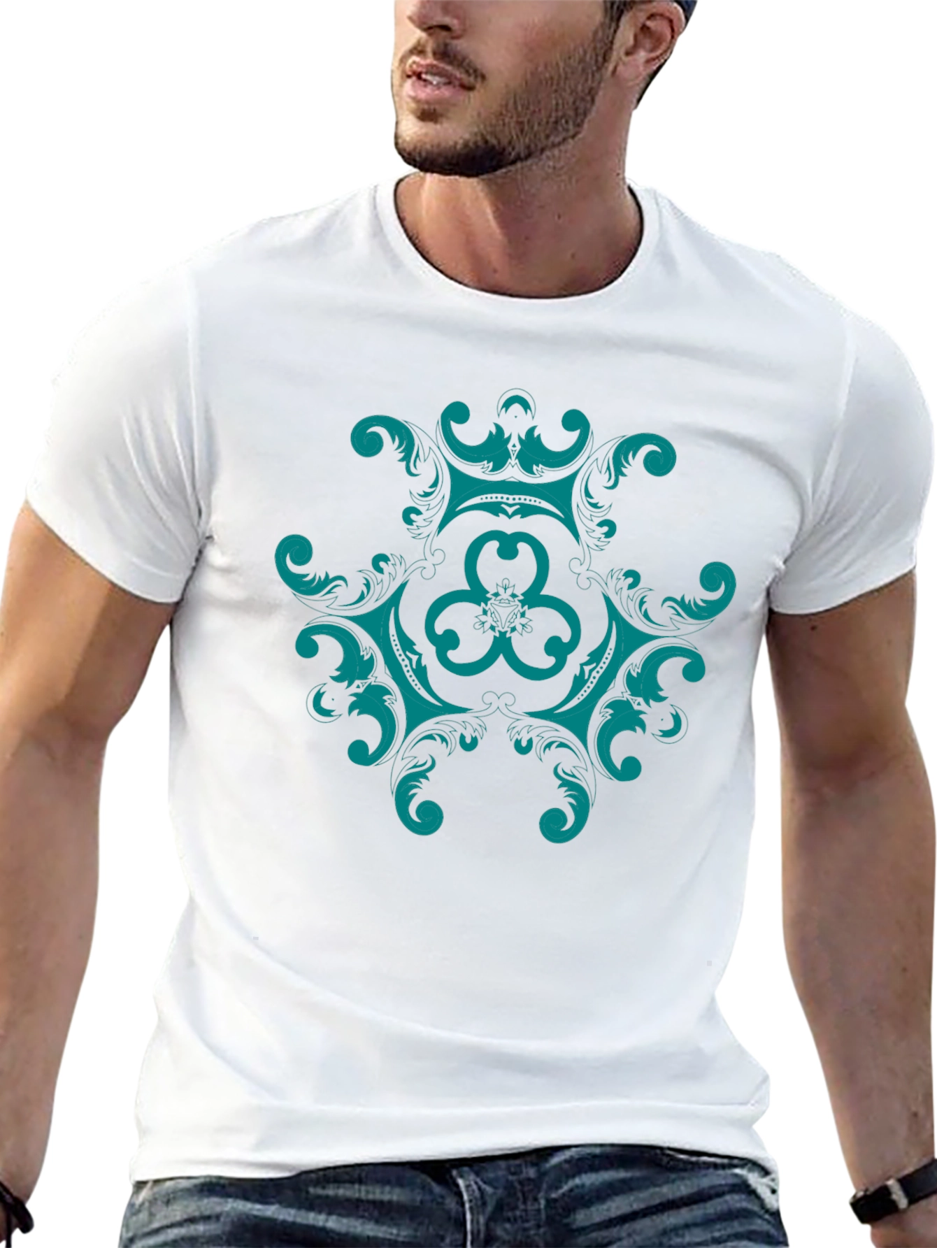 Black Elegant Teal Mandala Graphic Tee - Black Cotton Comfort view 13