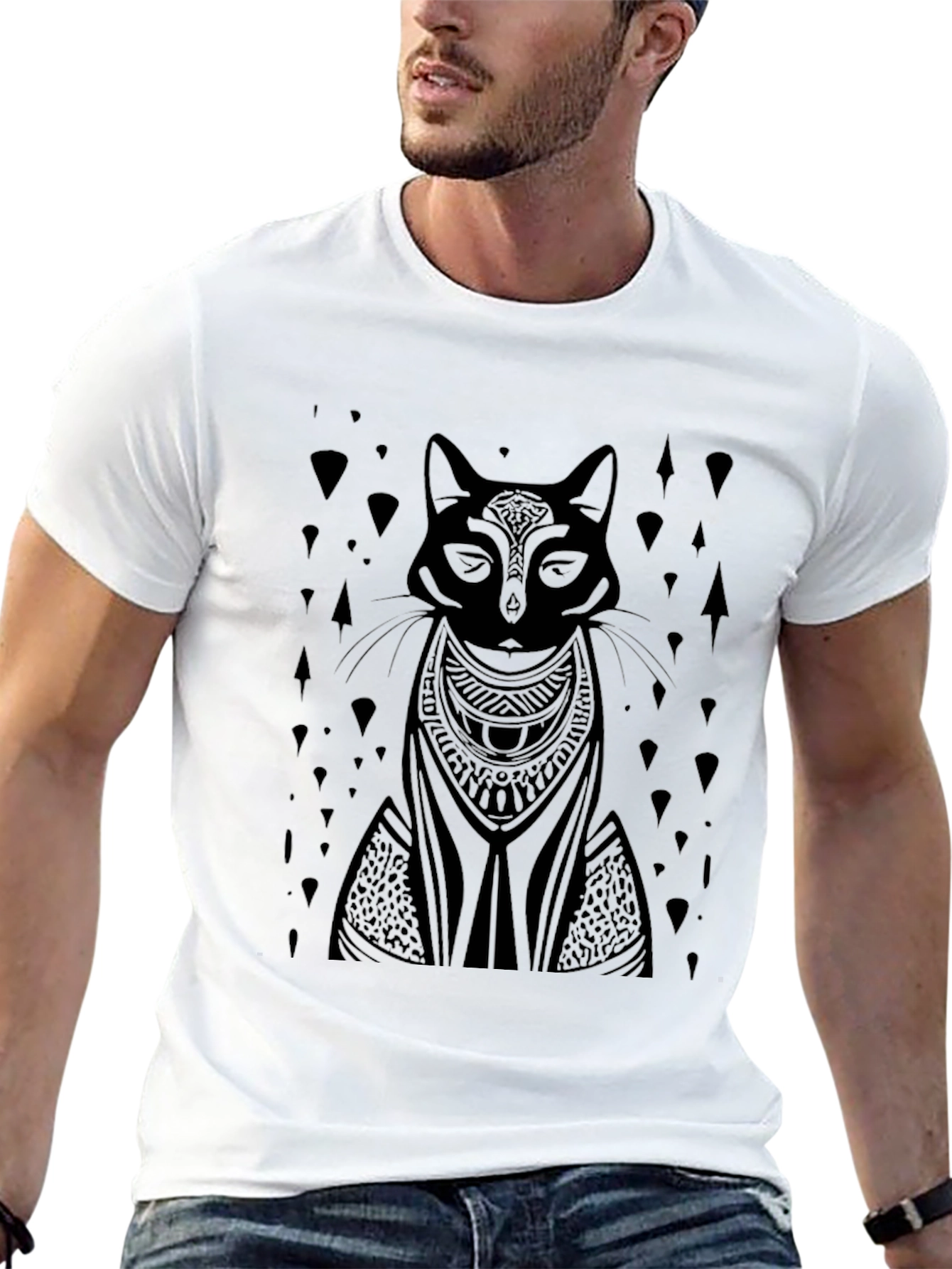 Black Tribal Cat Graphic Tee - Black Cotton T-Shirt view 13