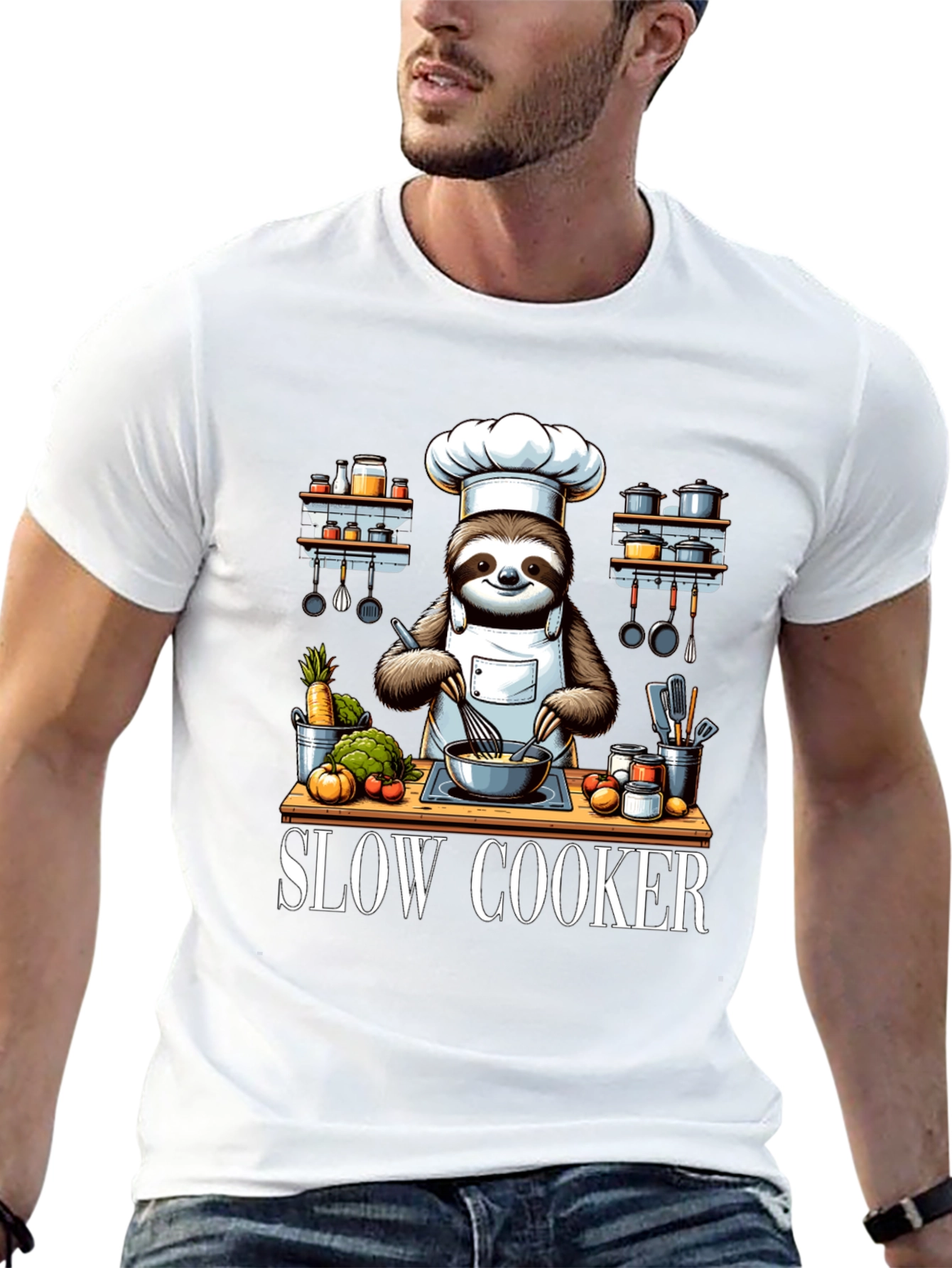 Black Sloth Chef T-Shirt - Slow Cooker Design view 13