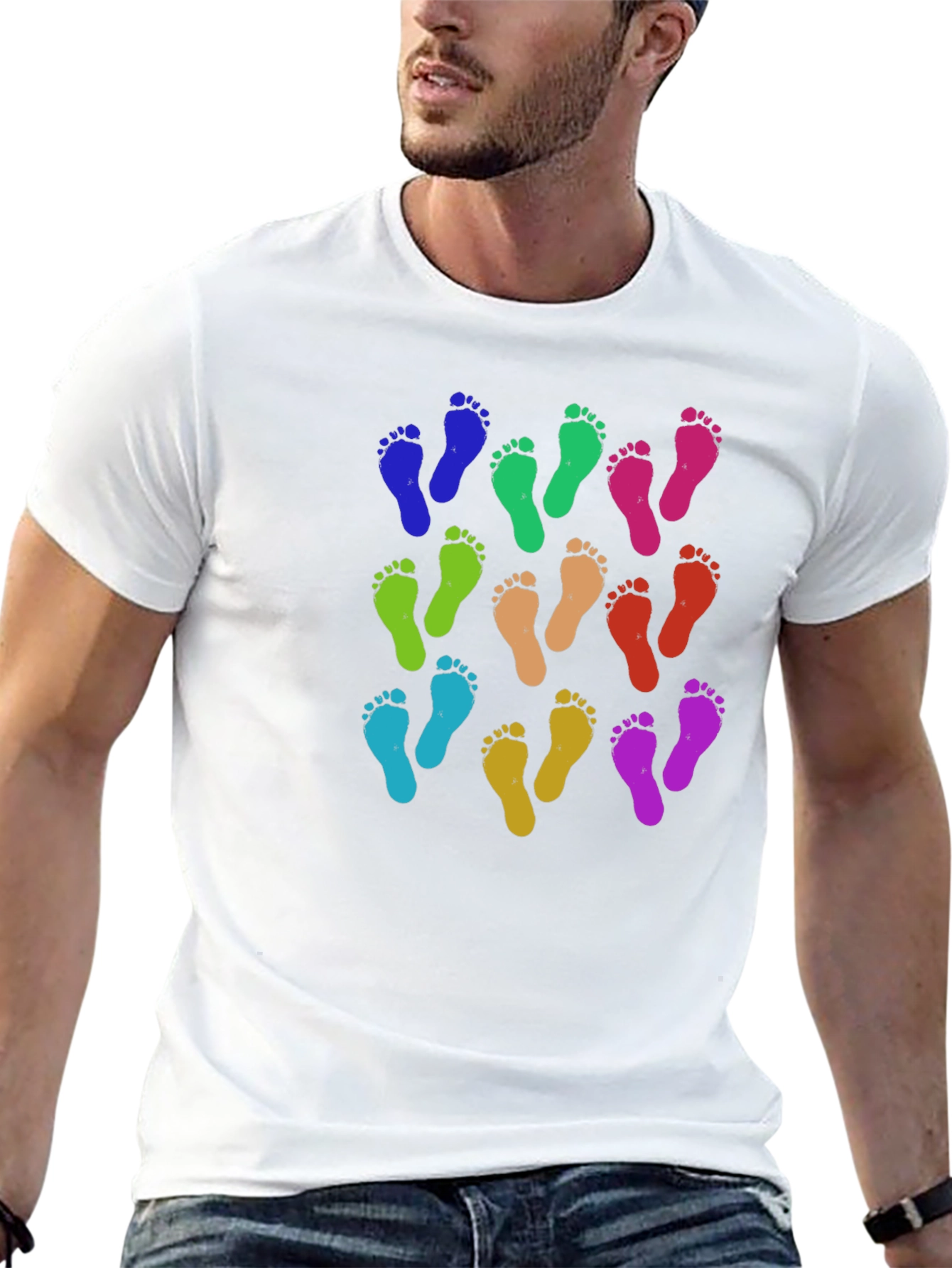 Black Colorful Footprints Tee - Funky Pattern Black T-Shirt view 13