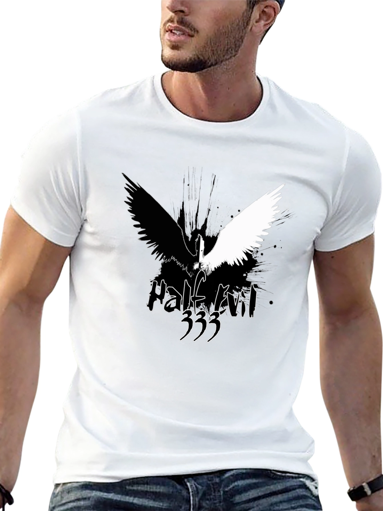 Black Half Evil Angel Wings Black T-Shirt view 13
