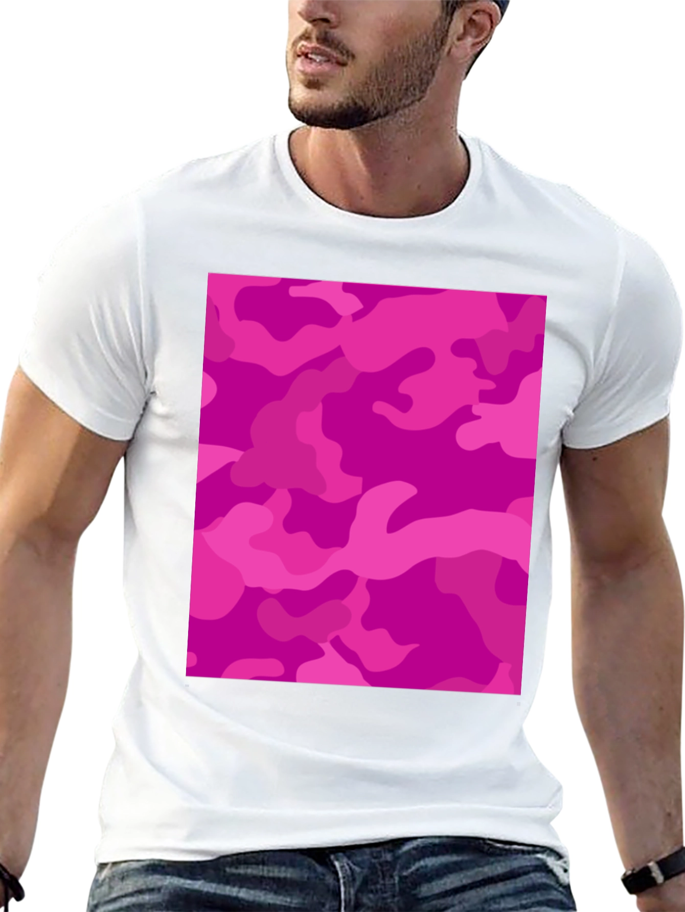 Black Pink Camo Print Black Crew Neck T-Shirt view 13