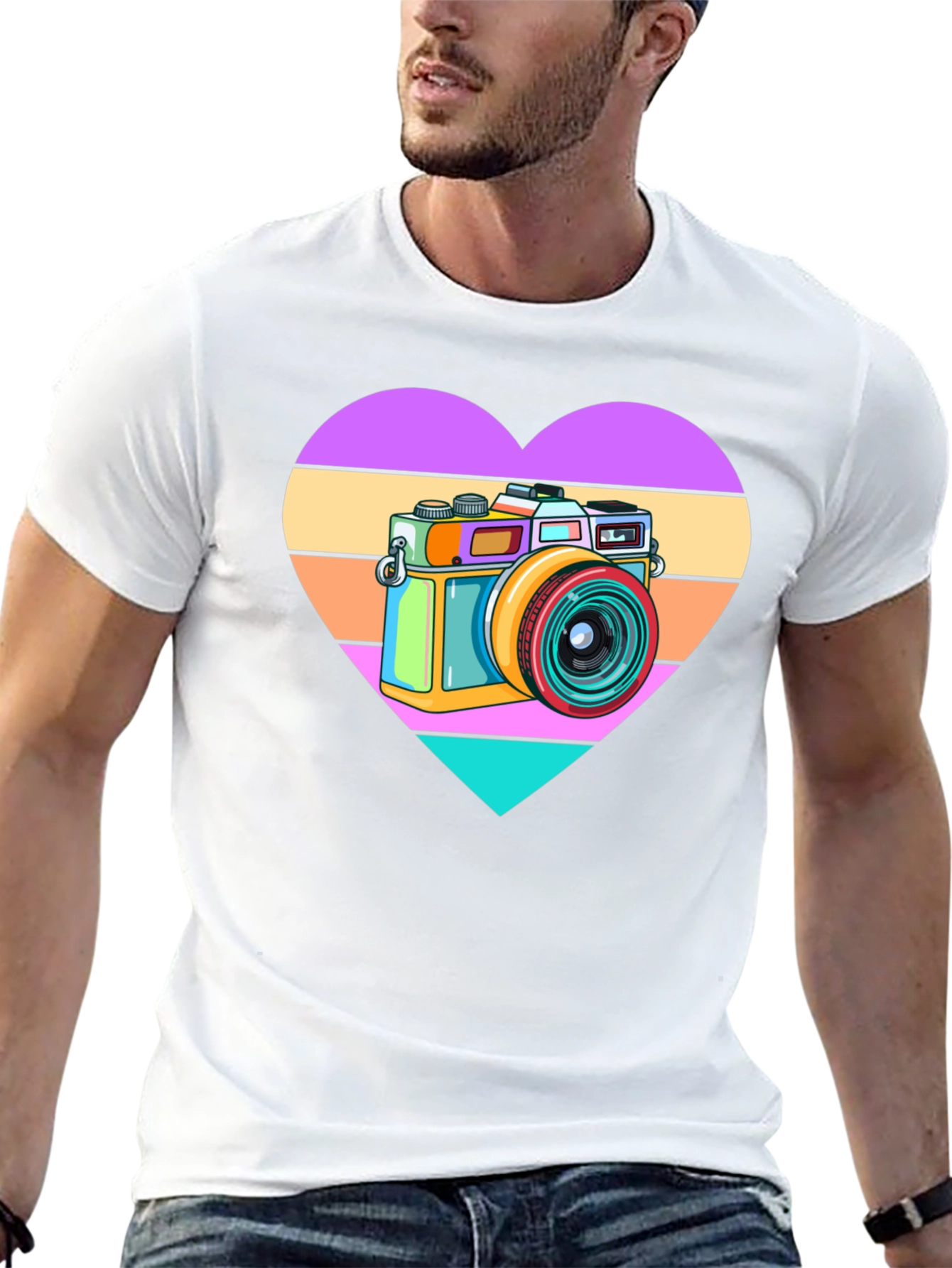 Black Retro Camera Heart Graphic Tee - Black Cotton T-Shirt view 13
