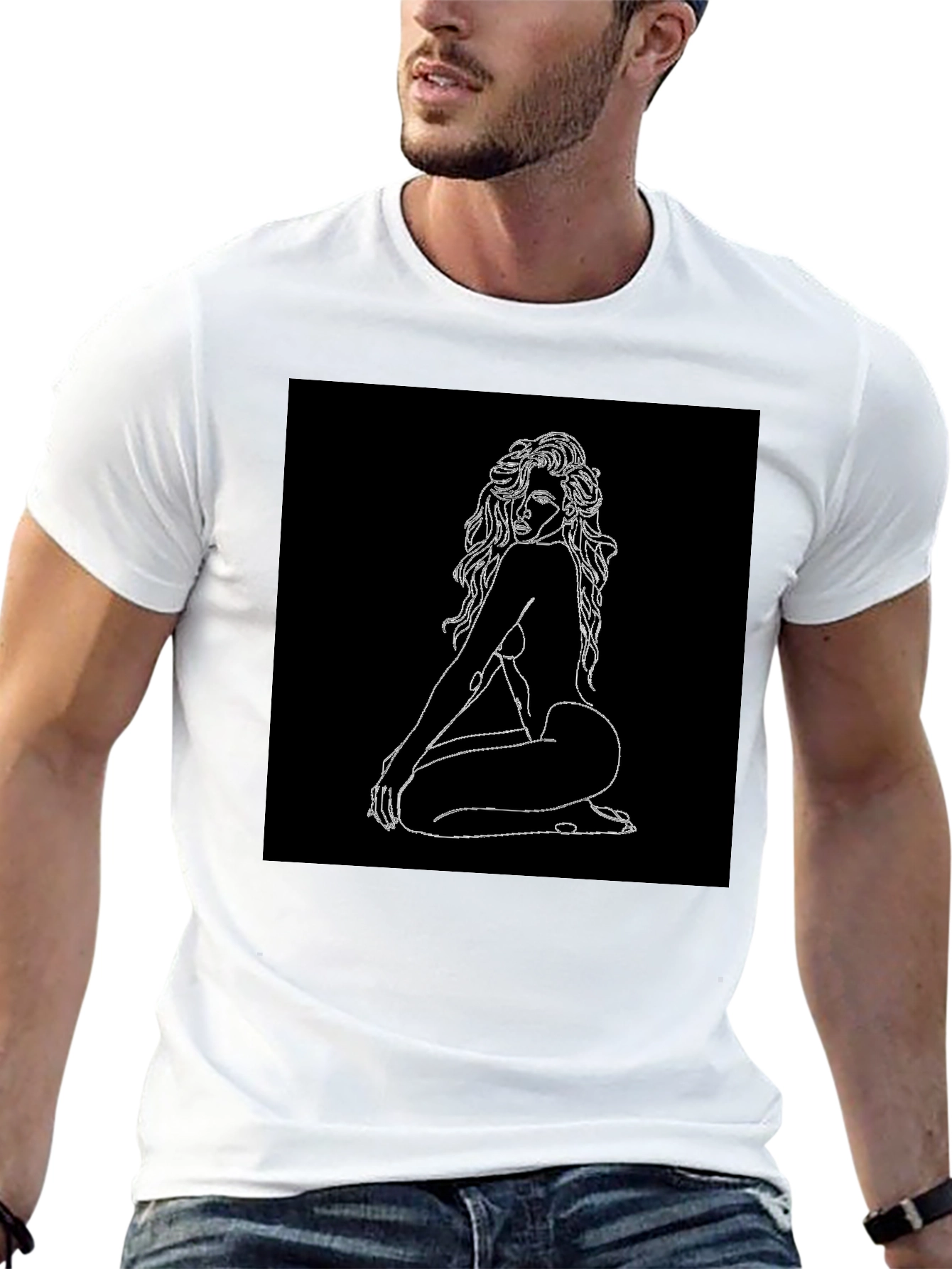Black Black T-Shirt with Line Art Woman Graphic view 13