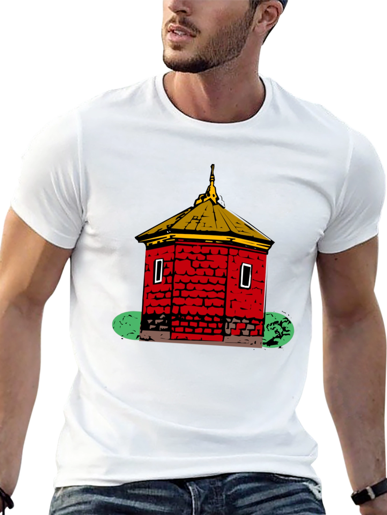 Black Red Brick Building Graphic Black T-Shirt view 13