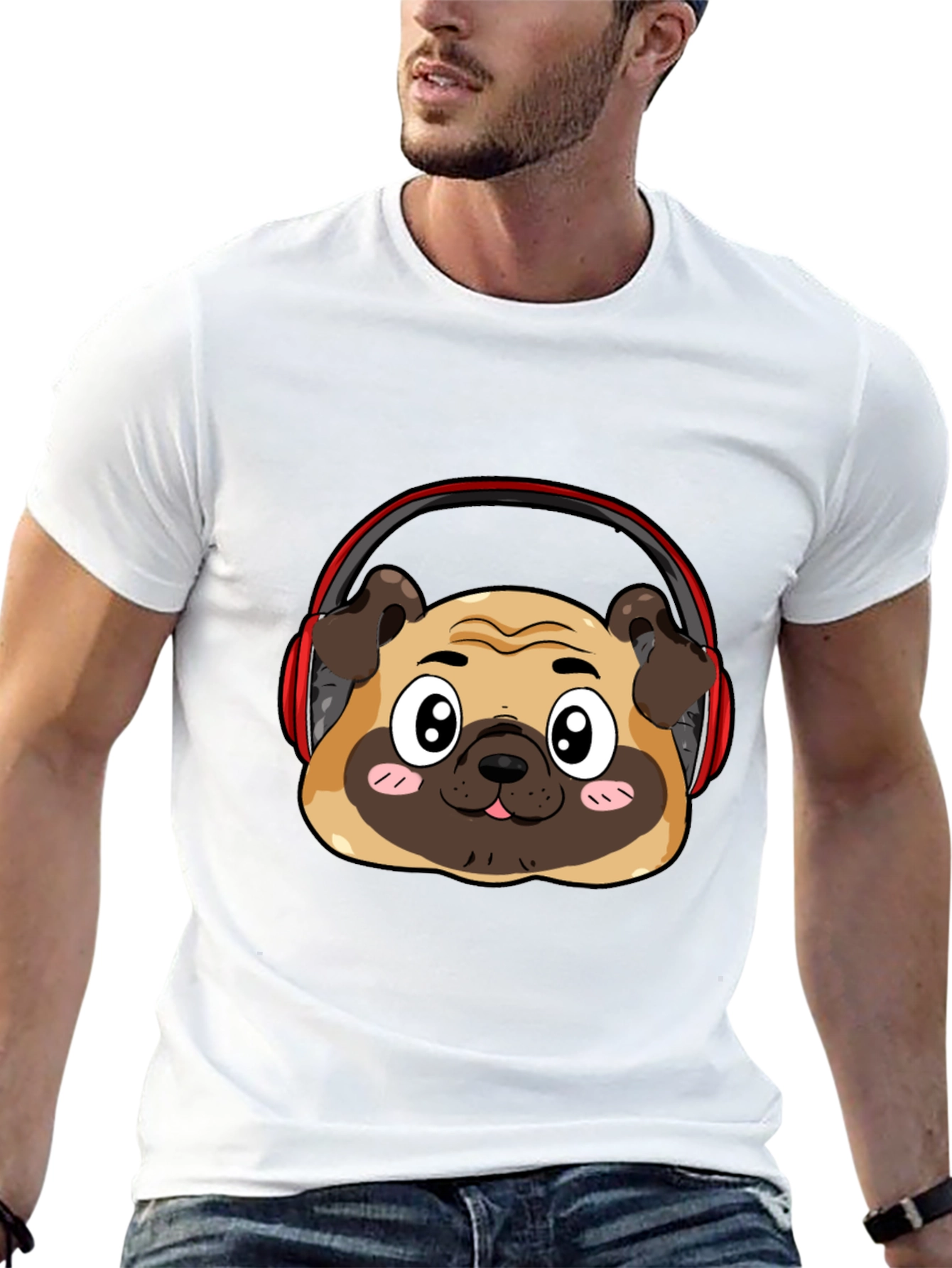 Black Pug Headphone Graphic Black T-Shirt view 13