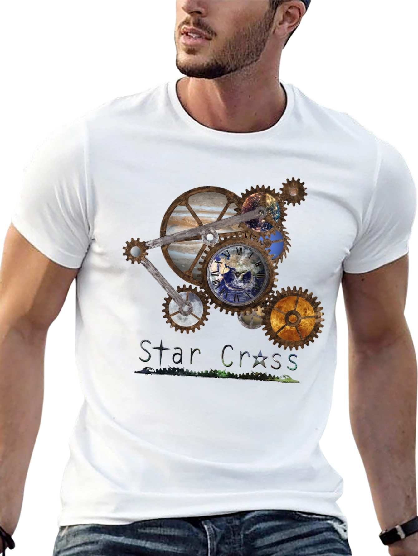 Black Steampunk Planet Gear T-Shirt - Star Cross Design view 13