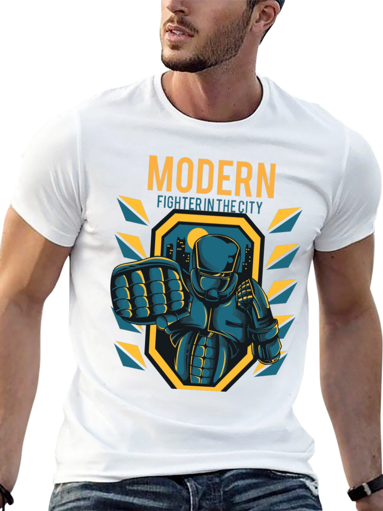 Black Modern Fighter City T-Shirt - Cool Graphic Tee view 13