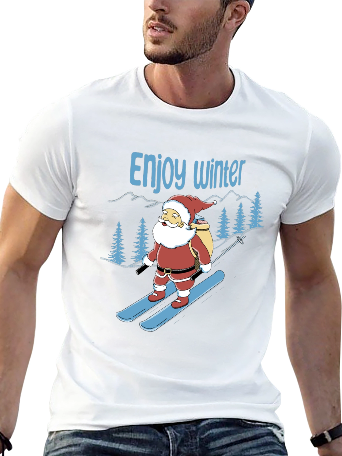 Black Enjoy Winter Santa Skiing Graphic Tee view 13