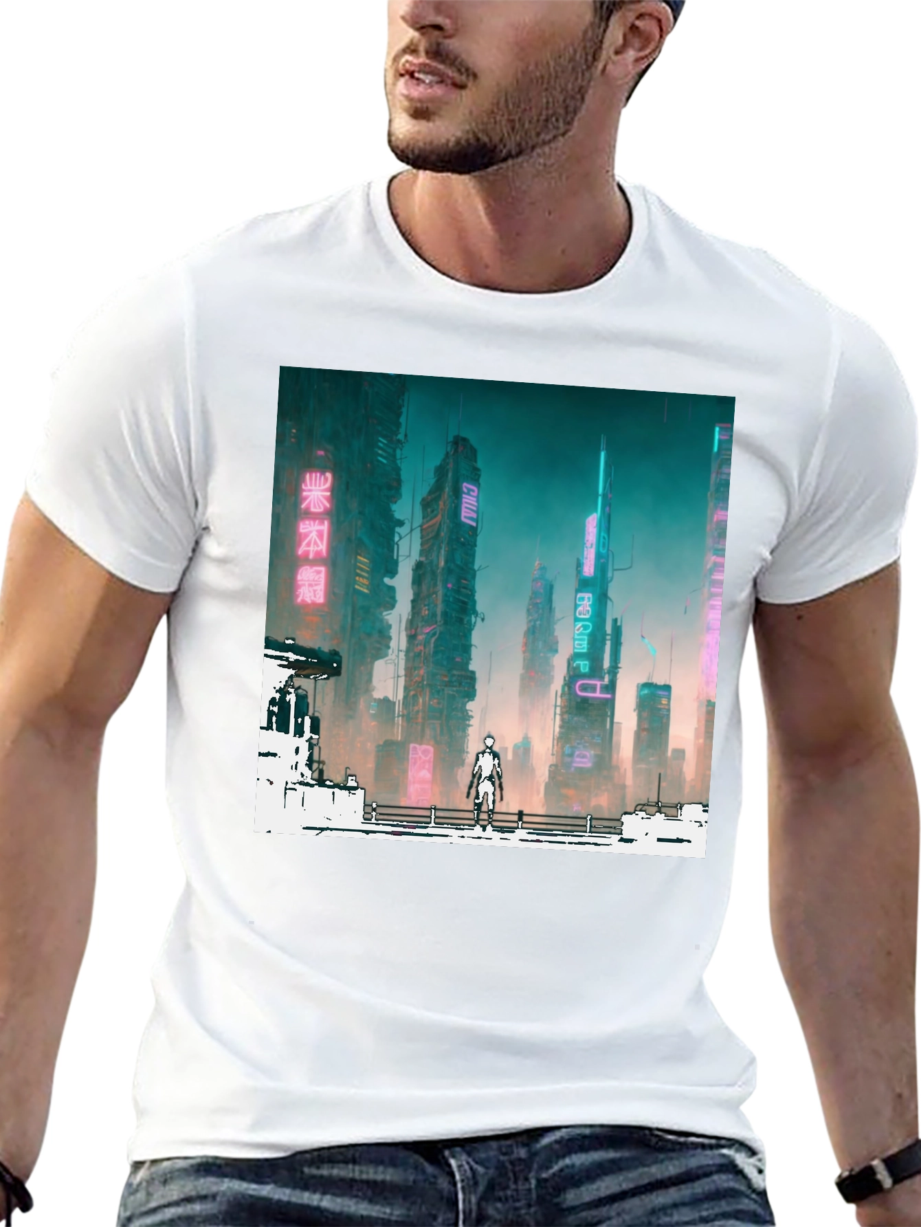 Black Cyberpunk Cityscape Graphic Tee - Futuristic Fashion view 13