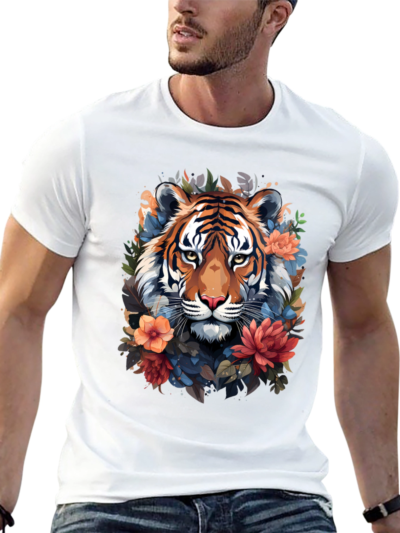 Black Floral Tiger Graphic Tee - Stylish Men's Black T-Shirt view 13